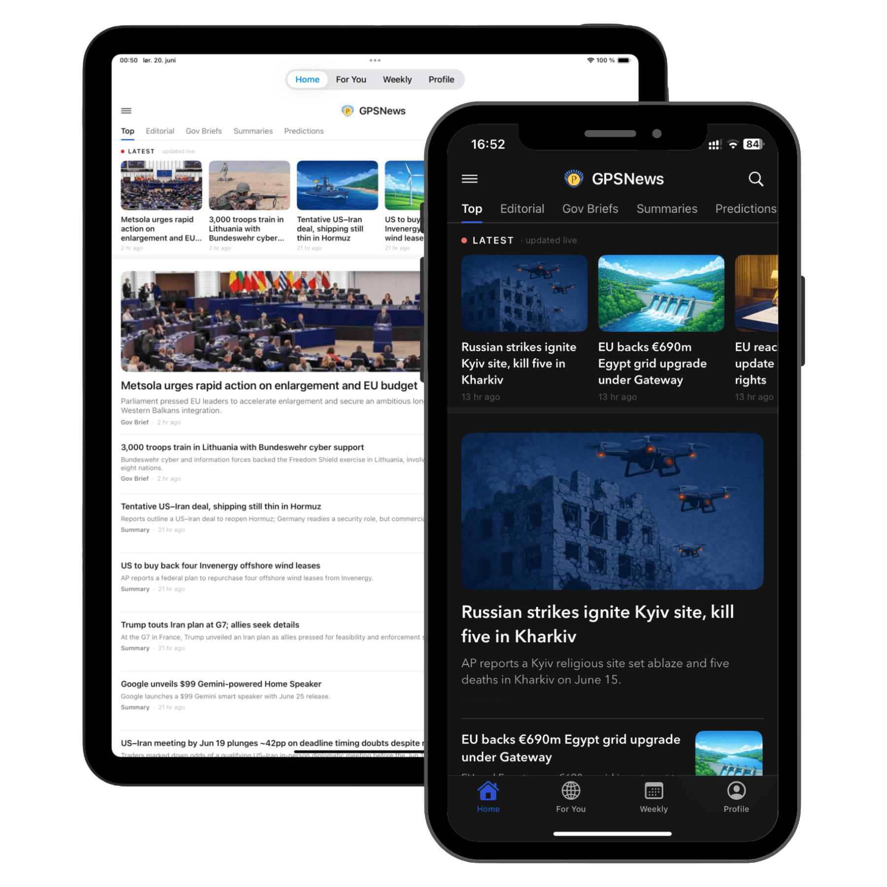 GPSNews iPad and iPhone app screens