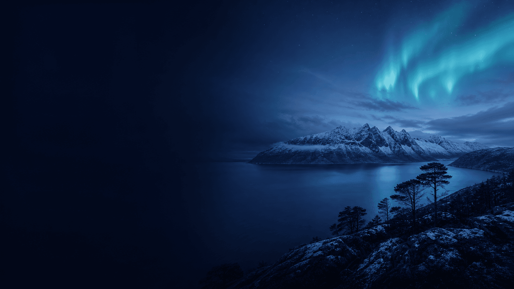 Nordic fjord and mountains under the northern lights