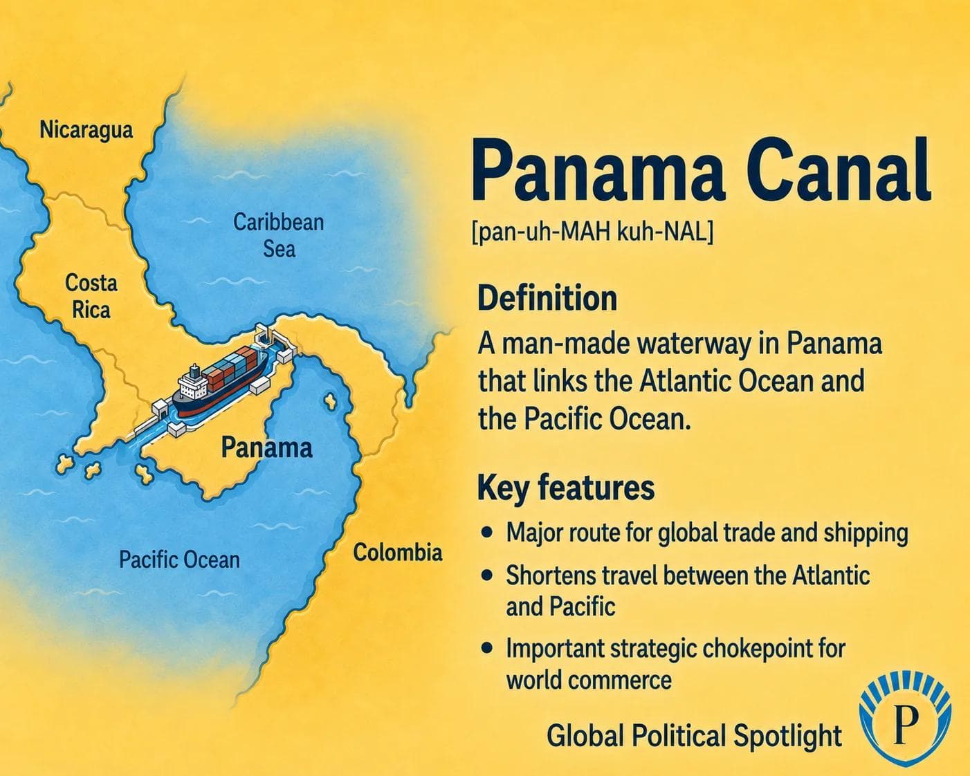Educational geopolitical infographic showing the Panama Canal across Panama, connecting the Atlantic Ocean and Pacific Ocean, with container ships, locks, trade routes, and its role as a strategic maritime chokepoint.