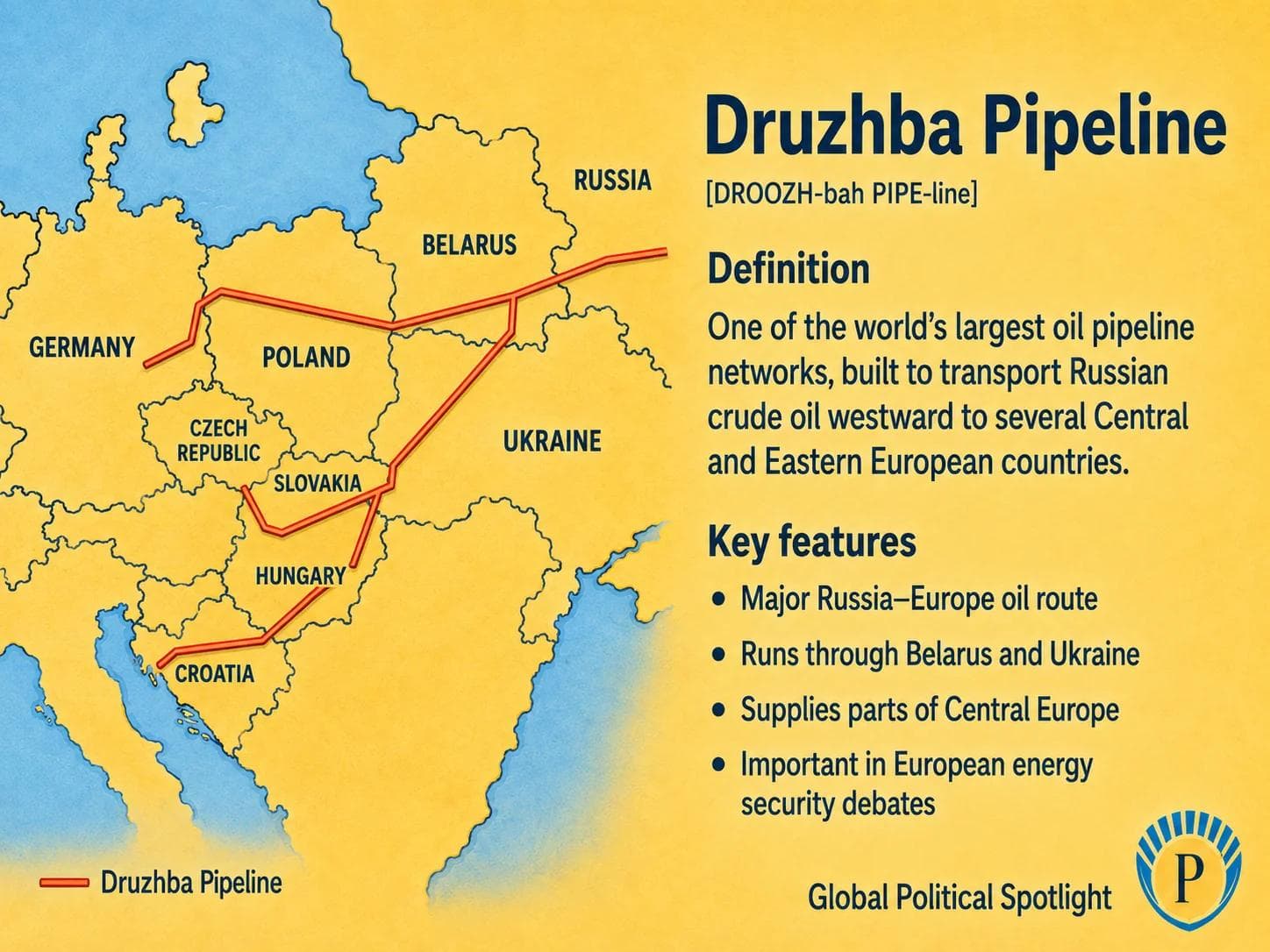 Educational geopolitical infographic showing the Druzhba Pipeline carrying Russian crude oil westward through Belarus and Ukraine toward Central and Eastern Europe, with oil flow, pipeline infrastructure, energy security, and Europe-Russia supply dependency themes.