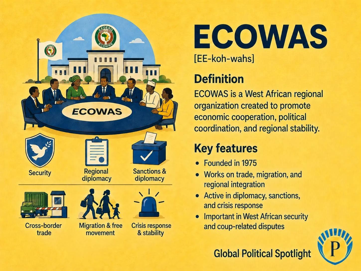 Educational geopolitical infographic showing ECOWAS as a West African regional organization, with member states, Nigeria's leadership role, free movement, economic integration, coups, sanctions, peacekeeping, intervention debates, and Sahel security challenges.