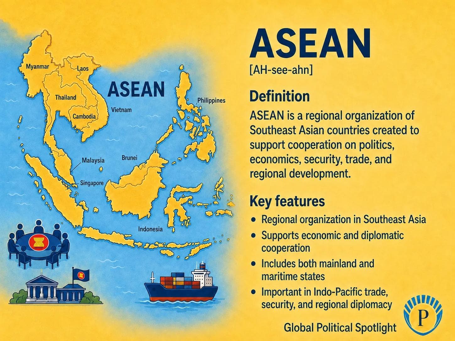 Educational geopolitical infographic explaining ASEAN as a Southeast Asian regional organization, showing its member states, consensus-based ASEAN Way, non-interference principle, trade integration, South China Sea diplomacy, Myanmar crisis limits, and balancing role between the United States and China.