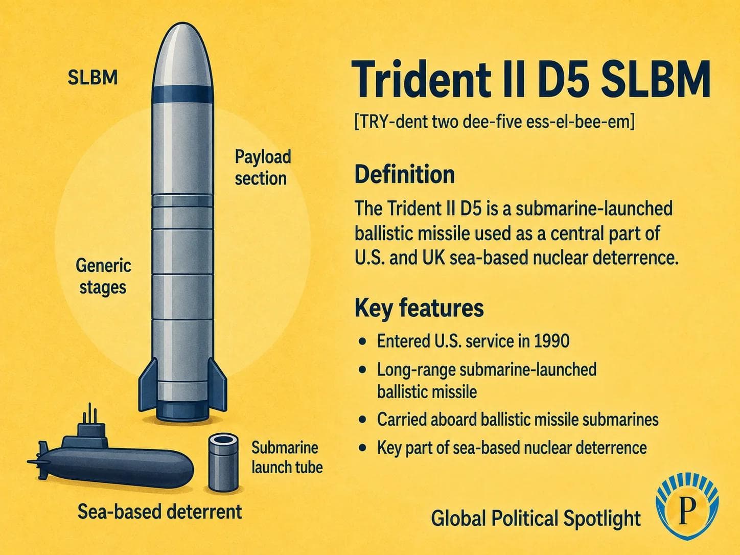 Educational geopolitical infographic showing a Trident II D5 submarine-launched ballistic missile emerging from a submerged ballistic missile submarine, with simplified callouts for launch tubes, payload section, long-range delivery, sea-based deterrence, and nuclear triad relevance.