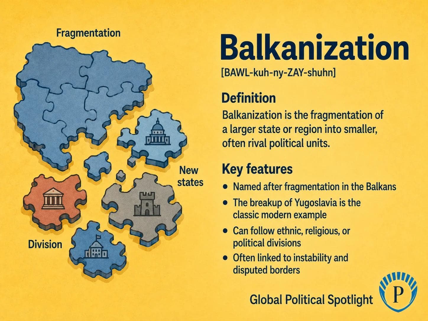 Educational geopolitical infographic explaining Balkanization, showing a larger state or region fragmenting into smaller political units with disputed borders, rival authorities, ethnic or religious divisions, and historical reference to the Balkans and the breakup of Yugoslavia.