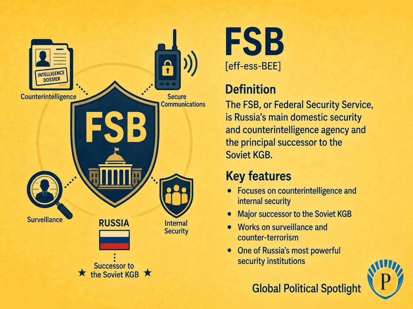 Educational geopolitical infographic showing the FSB as Russia's federal security service, with emphasis on domestic security, counterintelligence, border security, internal threat monitoring, cyber and security accusations, political control concerns, and its distinction from foreign intelligence agencies.