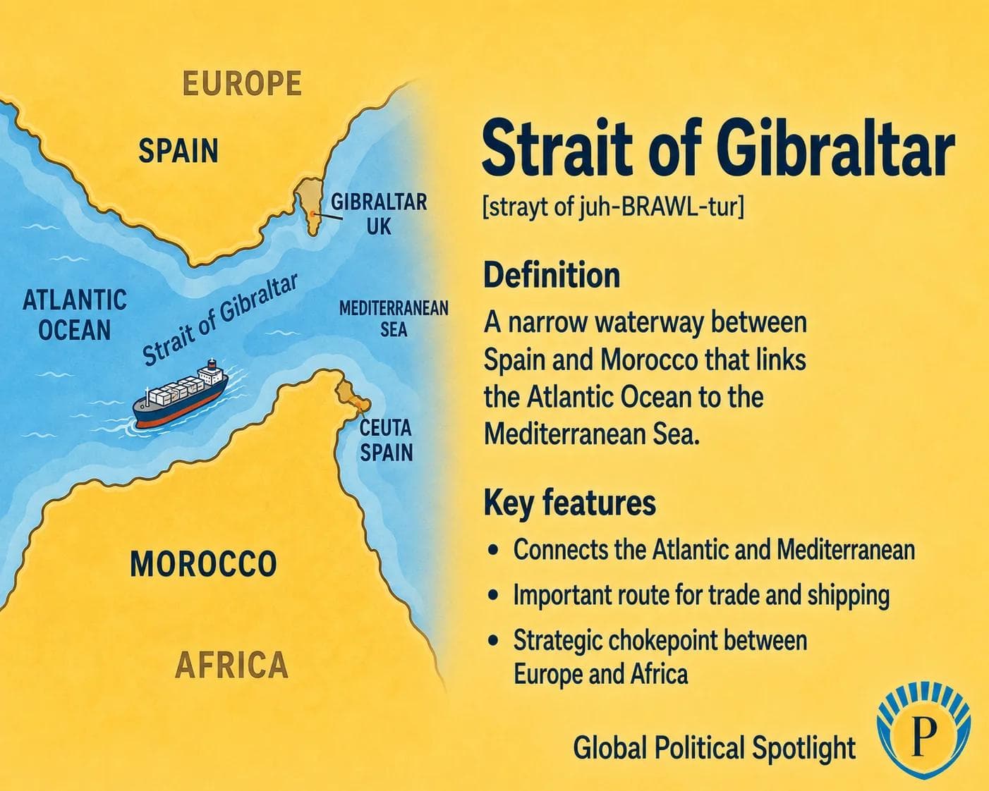 Educational geopolitical infographic showing the Strait of Gibraltar between Spain and Morocco, connecting the Atlantic Ocean to the Mediterranean Sea, with nearby Gibraltar, shipping routes, Europe-Africa geography, and maritime chokepoint significance.