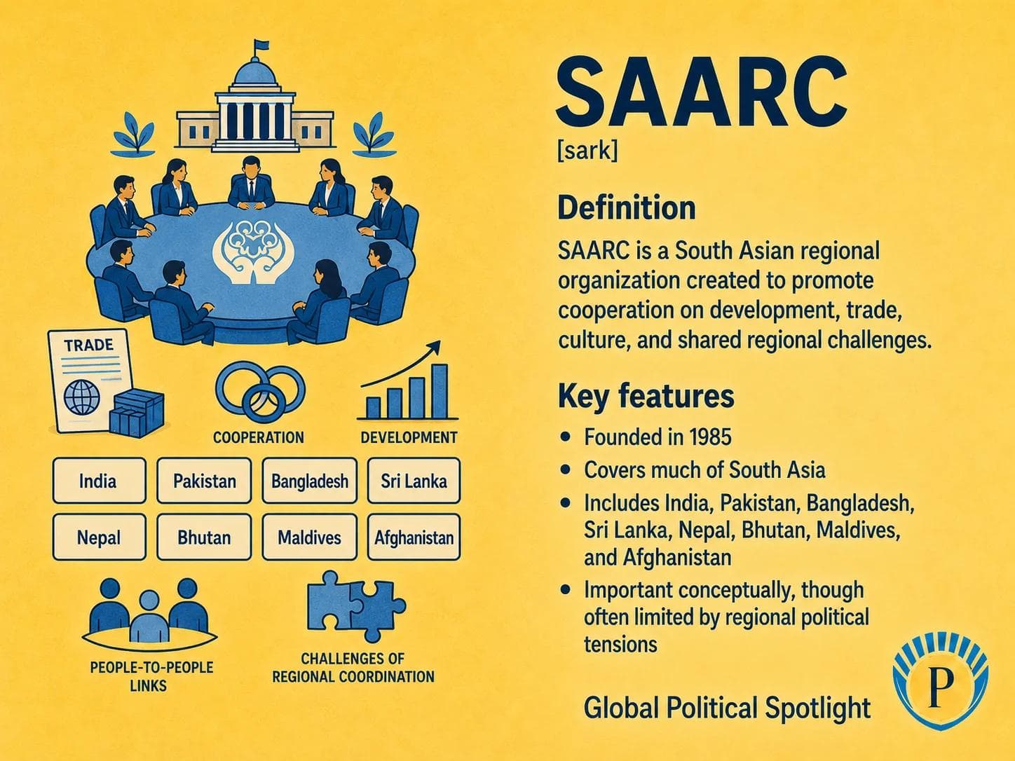 Educational geopolitical infographic showing SAARC as a South Asian regional organization, with member states, development cooperation, trade potential, political paralysis, and India-Pakistan rivalry shaping regional integration.