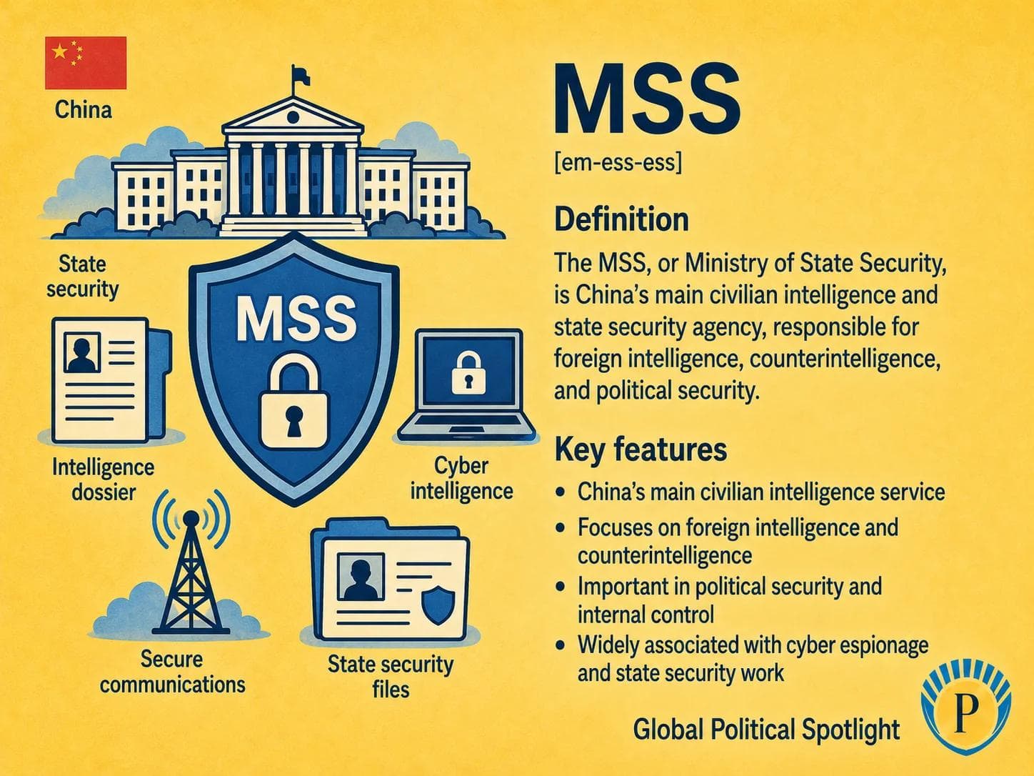 Educational geopolitical infographic explaining China's Ministry of State Security, known as MSS, with symbols for civilian intelligence, counterintelligence, internal state security, cyber espionage concerns, party-state security, foreign intelligence collection, and great-power competition.
