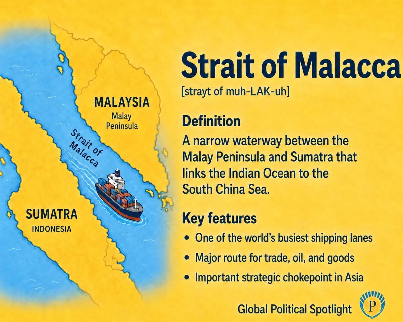 Educational geopolitical infographic showing the Strait of Malacca between the Malay Peninsula and Sumatra, connecting the Indian Ocean to the South China Sea with shipping lanes, oil flows, trade routes, Singapore, Malaysia, Indonesia, and Asia-Pacific chokepoint themes.