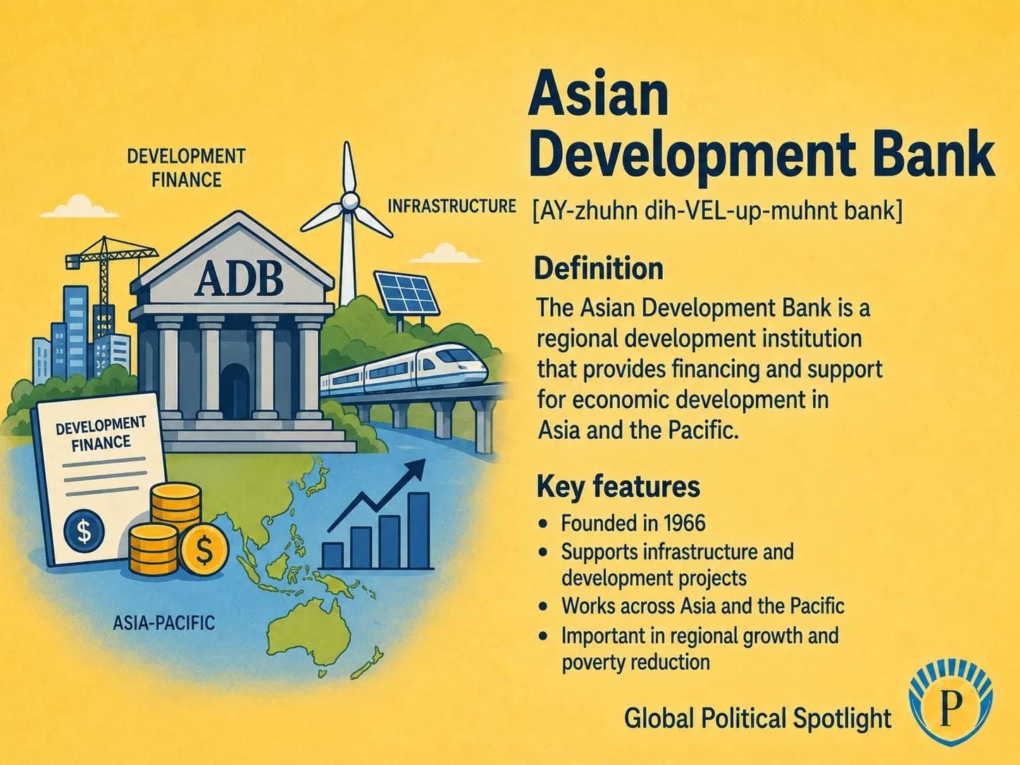 Educational geopolitical infographic explaining the Asian Development Bank as a multilateral development bank financing infrastructure, climate action, poverty reduction, private-sector projects, and regional integration across Asia and the Pacific, with emphasis on Japan and United States shareholder roles, China comparison, infrastructure corridors, and climate finance.