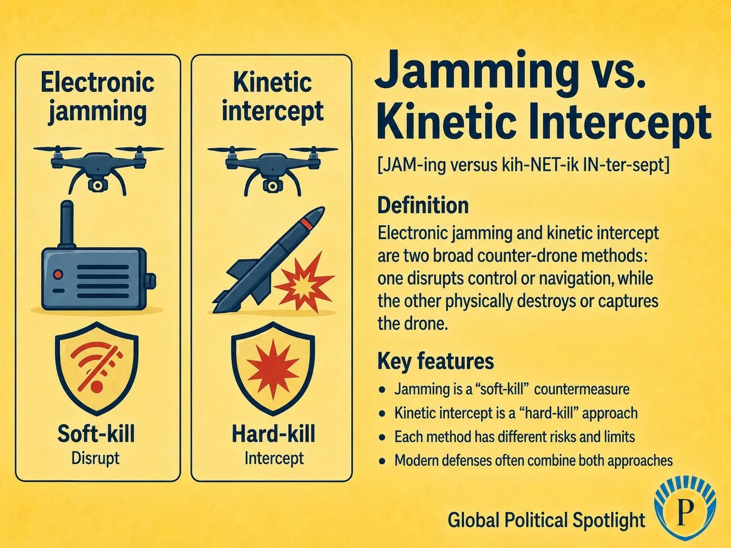 Educational geopolitical infographic comparing electronic jamming and kinetic intercept as counter-drone methods, with one side showing radio and GPS signal disruption and the other showing physical interception, drone capture or destruction, layered defense, risk tradeoffs, and counter-UAS doctrine.