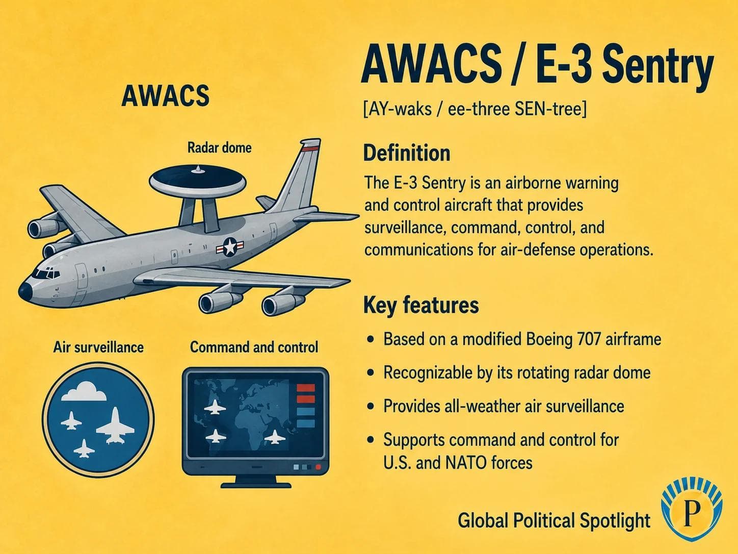 Educational geopolitical infographic showing an E-3 Sentry AWACS aircraft with its radar dome scanning the sky, linked to fighter aircraft, ground command centers, air-defense networks, NATO symbols, and all-weather air surveillance zones.