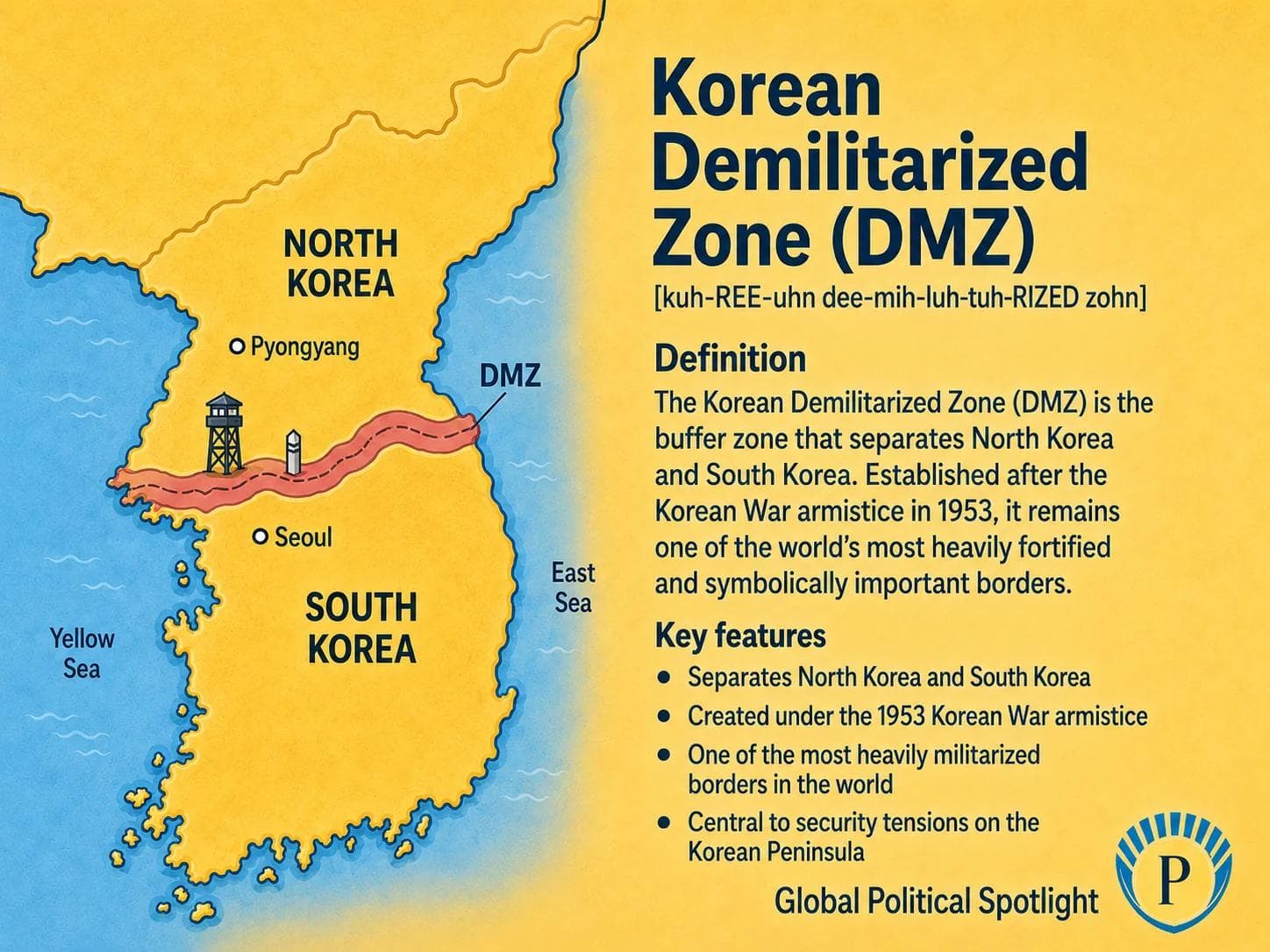 Educational geopolitical infographic showing the Korean Demilitarized Zone separating North Korea and South Korea, with simplified labels for the Military Demarcation Line, Panmunjom, UN Command, armistice status, deterrence, border incidents, and divided Korea.