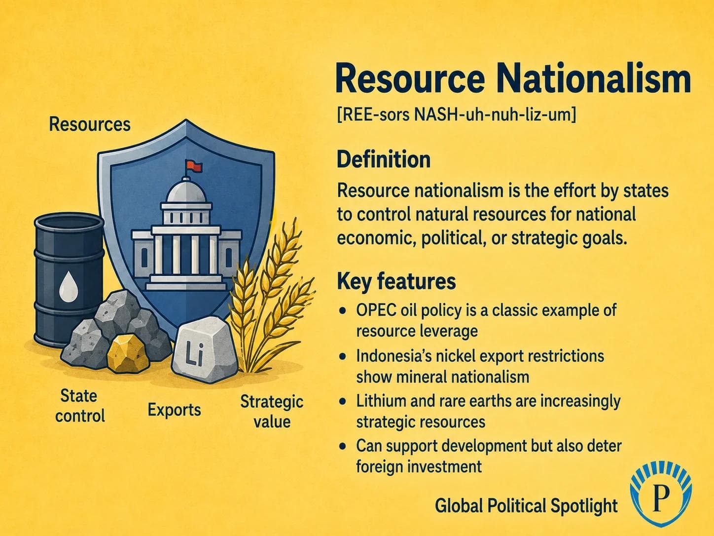 Educational geopolitical infographic explaining resource nationalism, showing state control over oil, minerals, lithium, rare earths, and export policy, with examples including OPEC oil policy and Indonesia's nickel export restrictions.