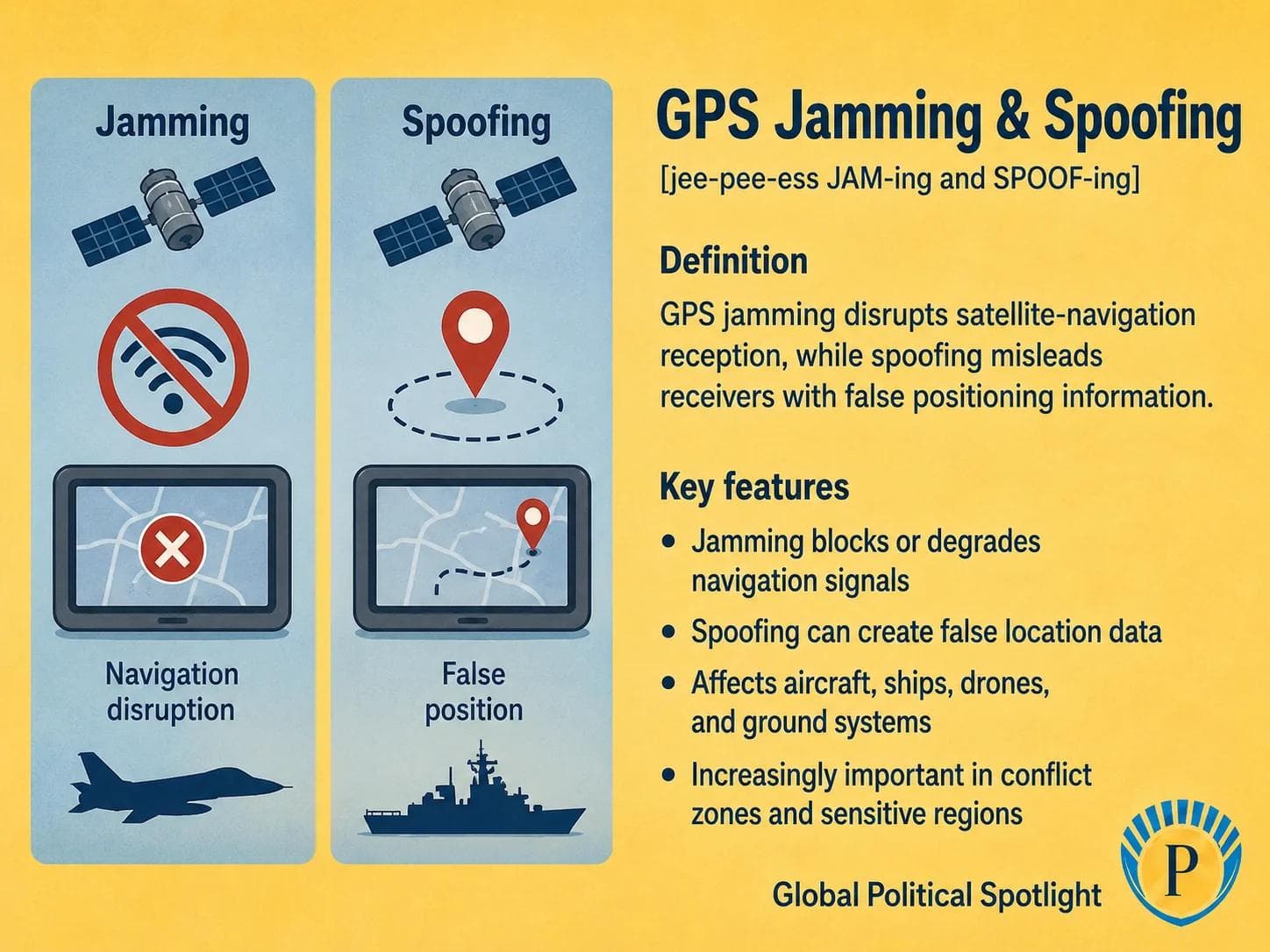 Educational geopolitical infographic showing GPS jamming and spoofing affecting aircraft, ships, drones, and ground systems, with satellite signals blocked or falsified near a conflict zone and resilience measures shown through backup navigation icons.