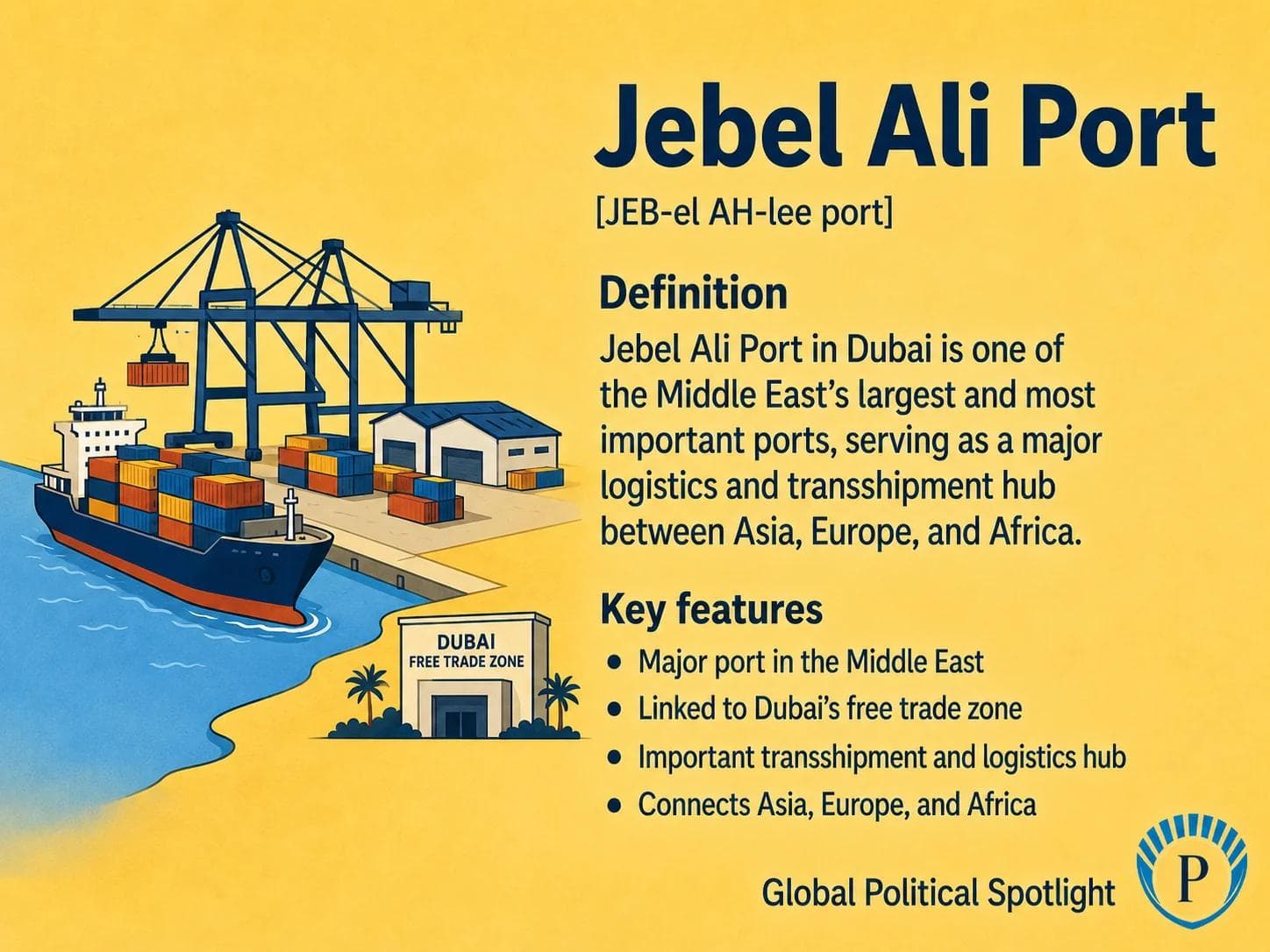 Educational geopolitical infographic explaining Jebel Ali Port in Dubai as a major Gulf logistics and free-zone hub, with symbols for container terminals, transshipment, re-export trade, Asia-Europe-Africa shipping links, Gulf supply chains, and the UAE's commercial strategy.