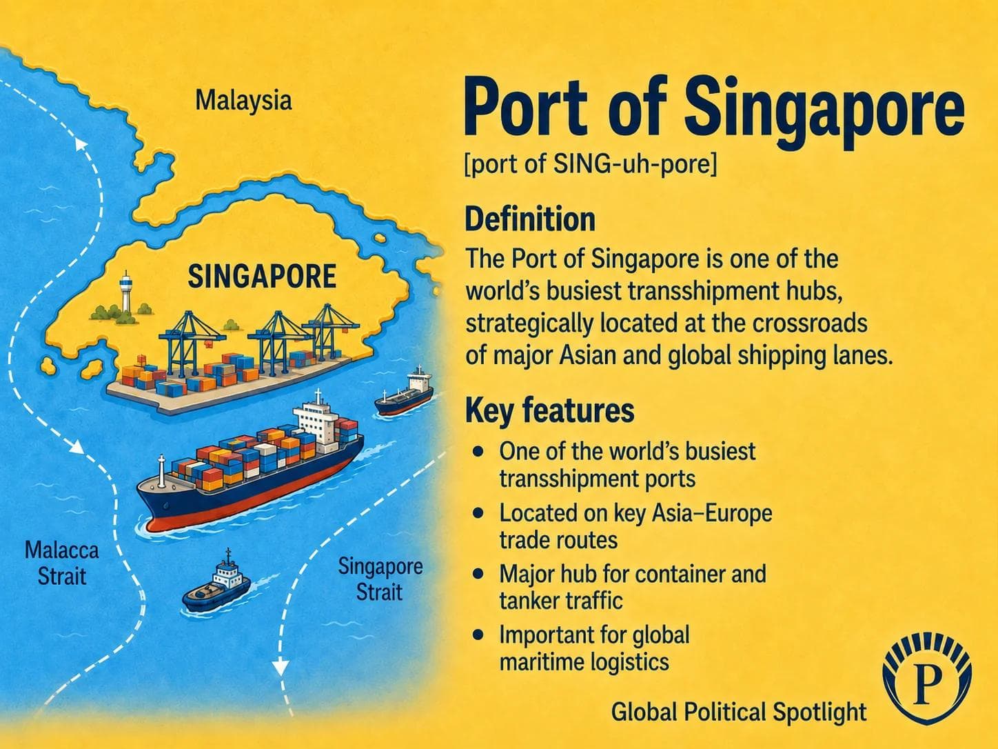 Educational geopolitical infographic showing the Port of Singapore beside the Singapore Strait, with container ships, tankers, cranes, fuel bunkering symbols, and nearby Malacca Strait shipping routes linking the Indian Ocean and South China Sea.