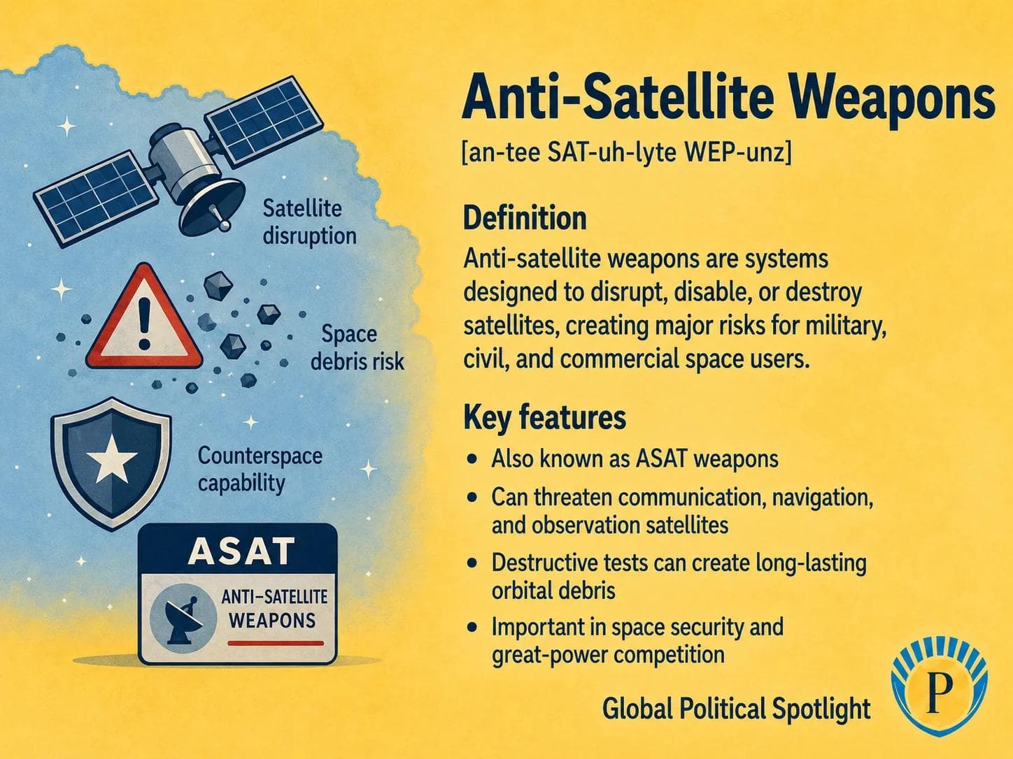 Educational geopolitical infographic showing anti-satellite weapons targeting satellites in orbit, with communication, navigation, and observation satellites, orbital debris risk, missile and non-kinetic counterspace icons, and great-power space security themes.