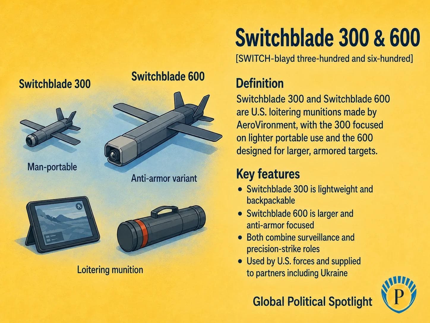 Educational geopolitical infographic showing Switchblade 300 and Switchblade 600 loitering munitions launched from portable tube systems, with callouts for man-portable launch, surveillance before strike, anti-armor variant, AeroVironment, Ukraine-related supply, and loitering munition concepts.