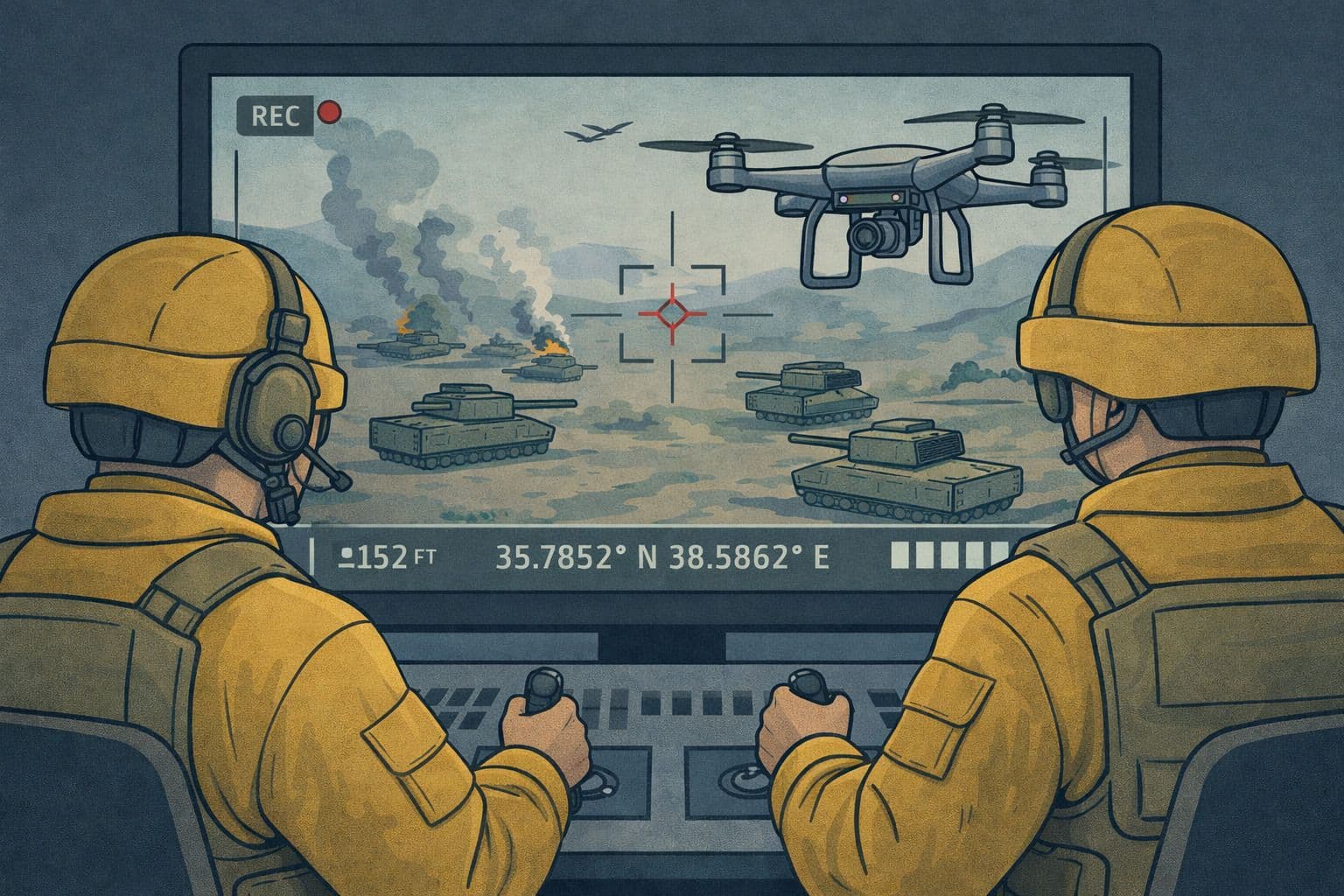 Drone Operators Watching Battlefield
