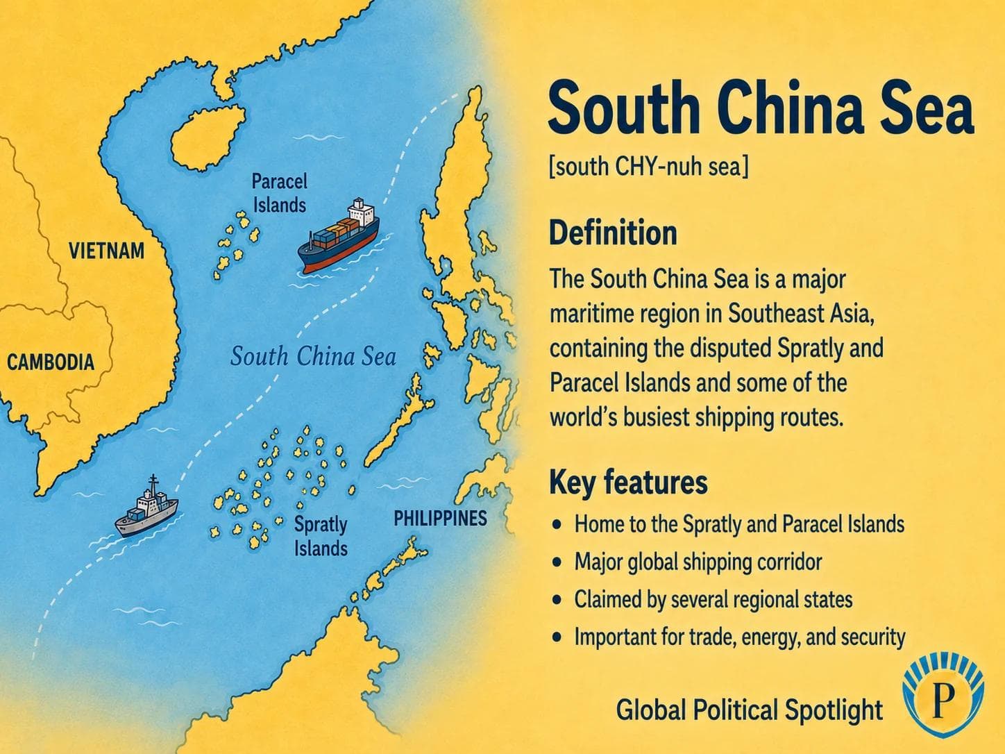 Educational geopolitical infographic showing the South China Sea between China, Vietnam, the Philippines, Malaysia, Brunei, Taiwan, and Indonesia, with simplified disputed island groups, major shipping routes, maritime claims, fisheries, and its role in Indo-Pacific security.