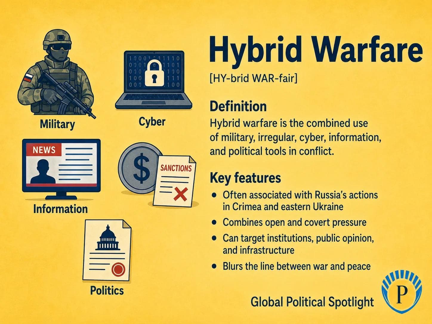 Educational geopolitical infographic explaining hybrid warfare, showing military pressure, cyber operations, disinformation, political influence, covert activity, and infrastructure targeting as combined tools used below and alongside open conflict.