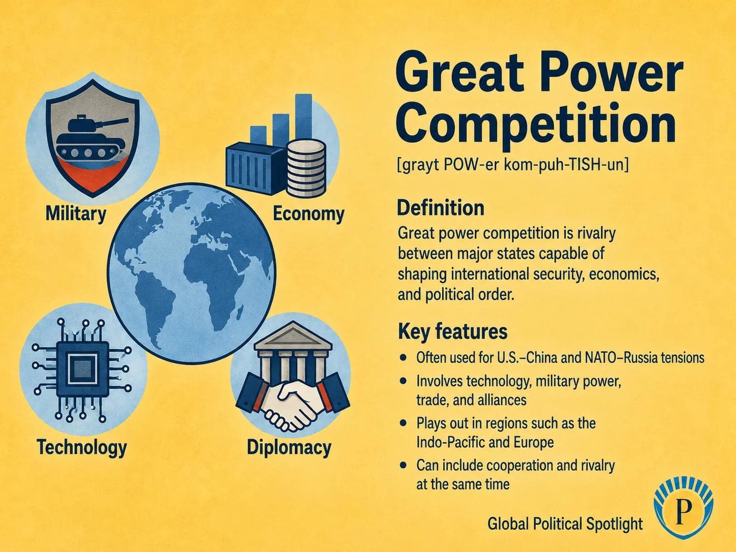 Educational geopolitical infographic explaining Great Power Competition, showing major states competing across military power, economic strength, technology, diplomacy, and strategic regions such as the Indo-Pacific and Europe.