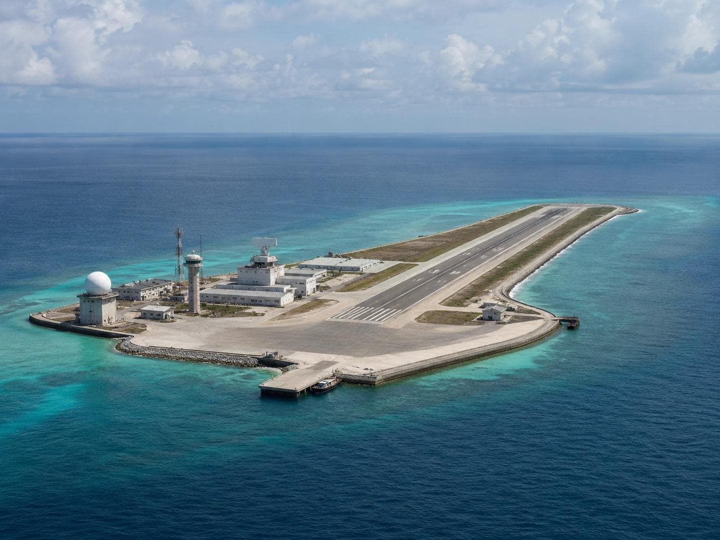 Small artificial island with a military airstrip and radar dome surrounded by turquoise water