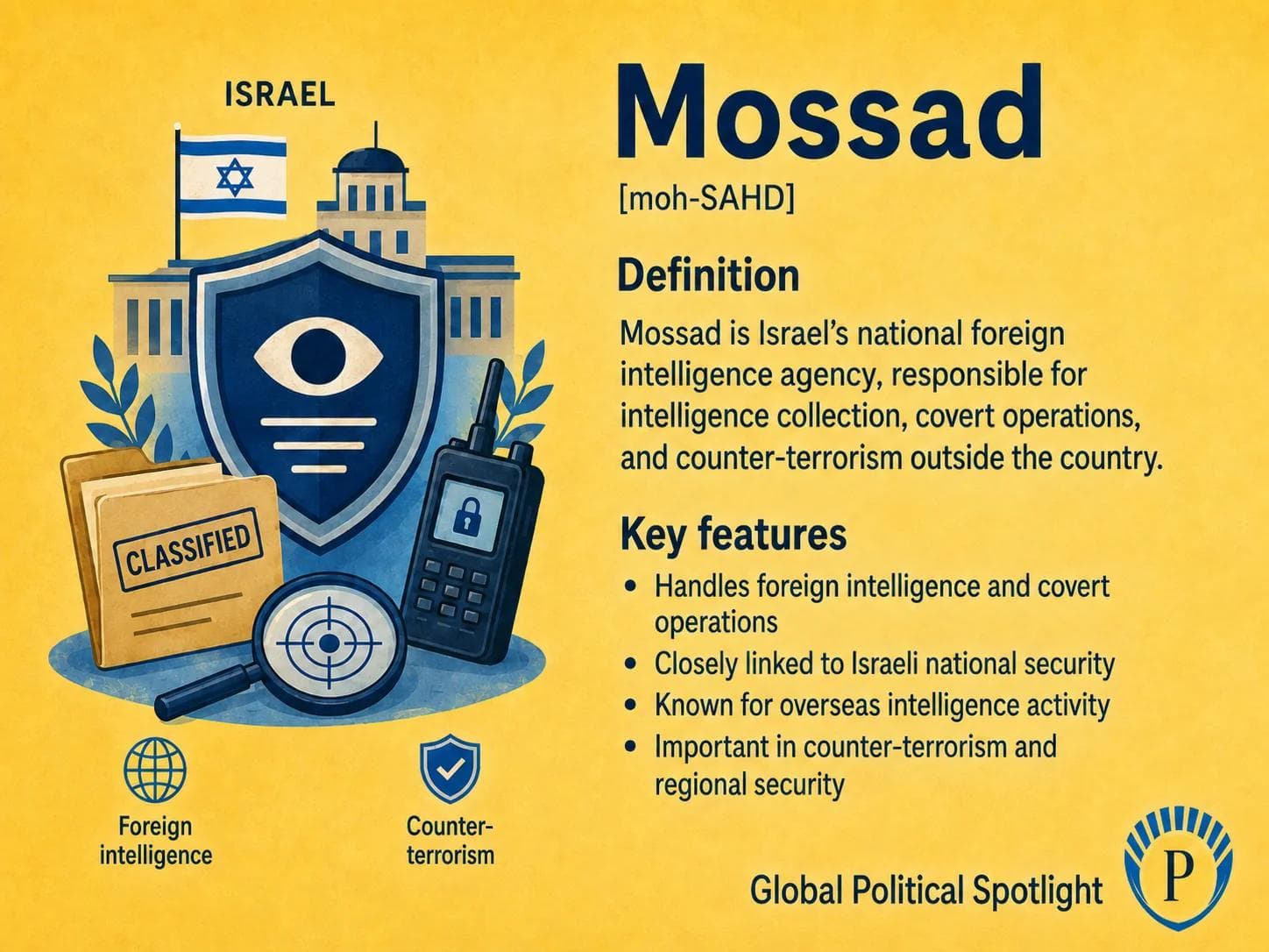 Educational geopolitical infographic showing Mossad as Israel's foreign intelligence service, with emphasis on external intelligence collection, covert action, counterterrorism, regional threats, strategic warning, and the distinction from domestic security agencies.
