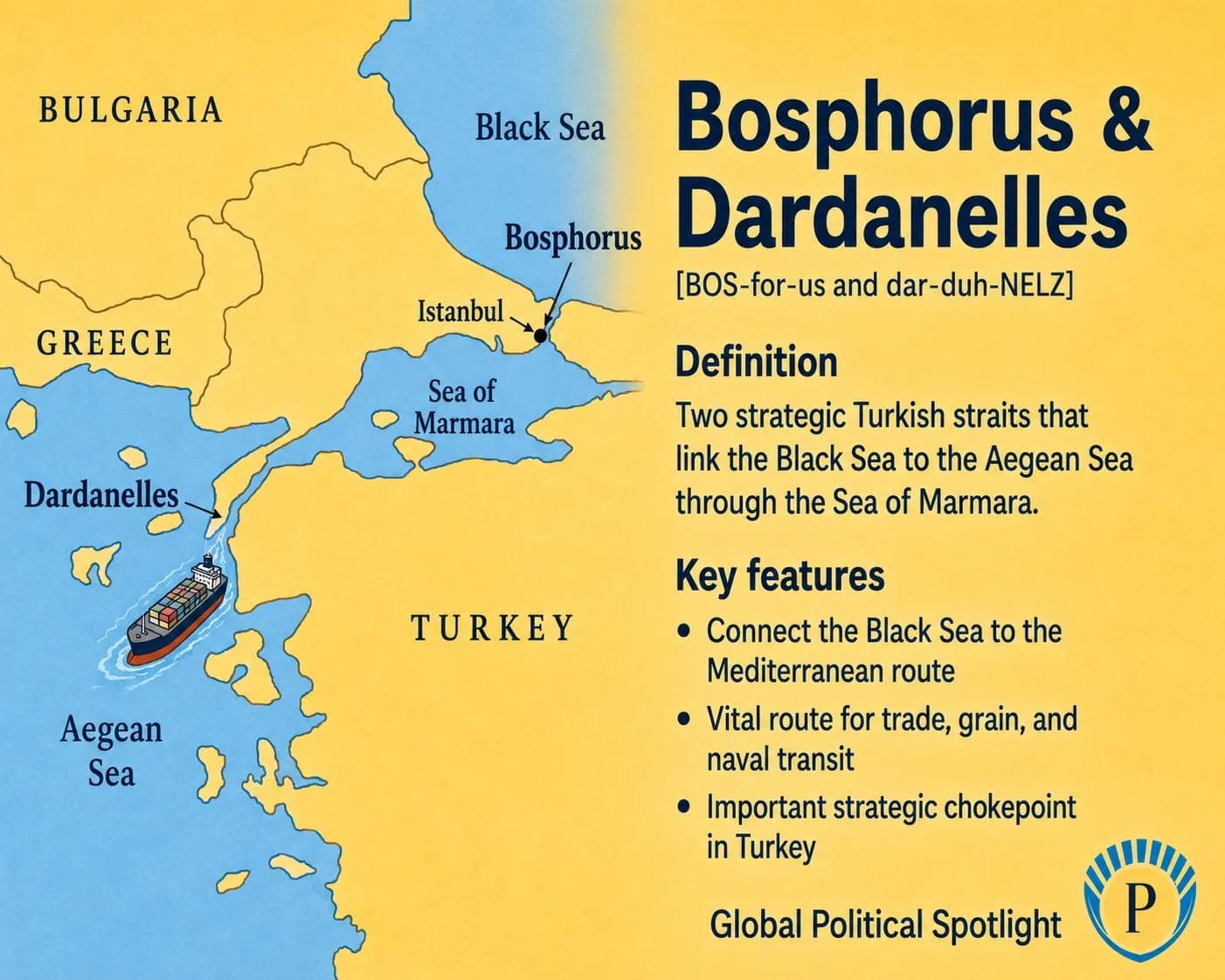 Educational geopolitical infographic showing the Bosphorus and Dardanelles Straits in Turkey connecting the Black Sea, Sea of Marmara, Aegean Sea, and wider Mediterranean route, with shipping, grain, trade, and naval transit themes.