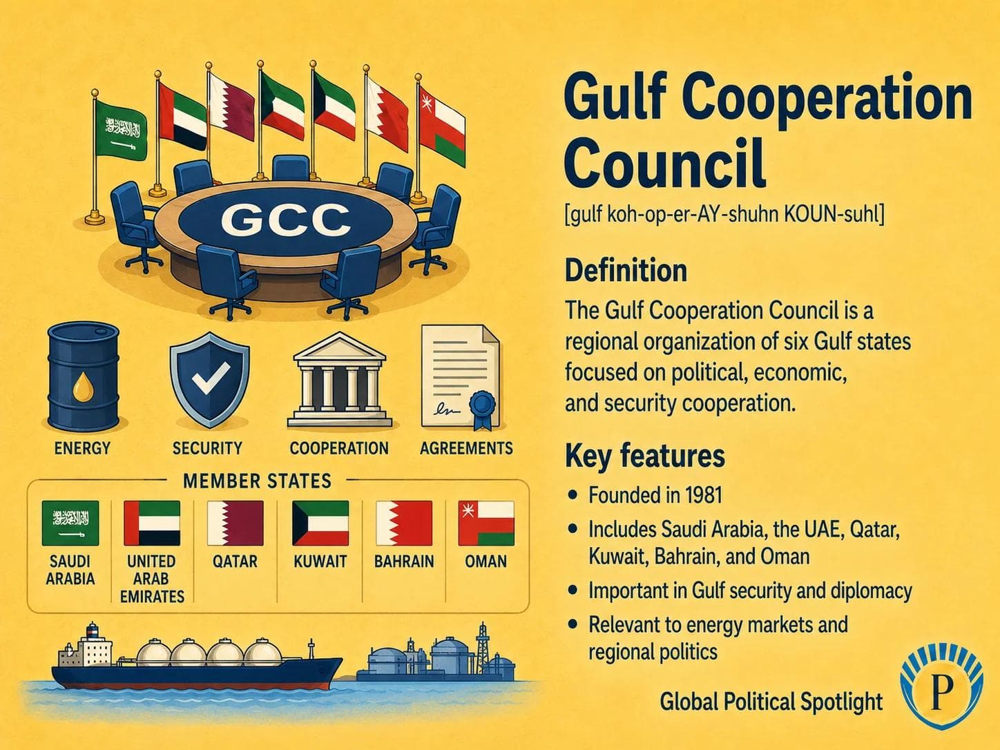 Educational geopolitical infographic showing the Gulf Cooperation Council as a regional organization of Gulf monarchies, with simplified labels for Saudi Arabia, UAE, Qatar, Kuwait, Bahrain, Oman, Iran concerns, energy markets, defense cooperation, economic coordination, and intra-Gulf tensions.