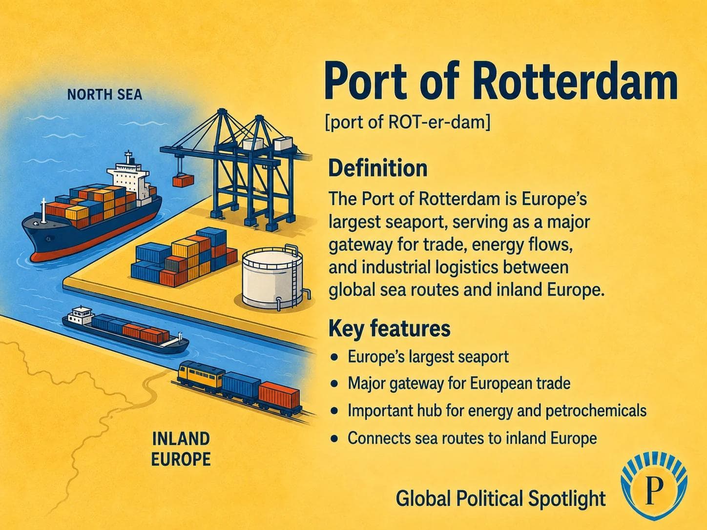 Educational geopolitical infographic explaining the Port of Rotterdam as Europe's largest seaport, with symbols for North Sea access, Rhine inland logistics, container terminals, oil and gas infrastructure, petrochemical industry, rail and barge connections, and European economic security.