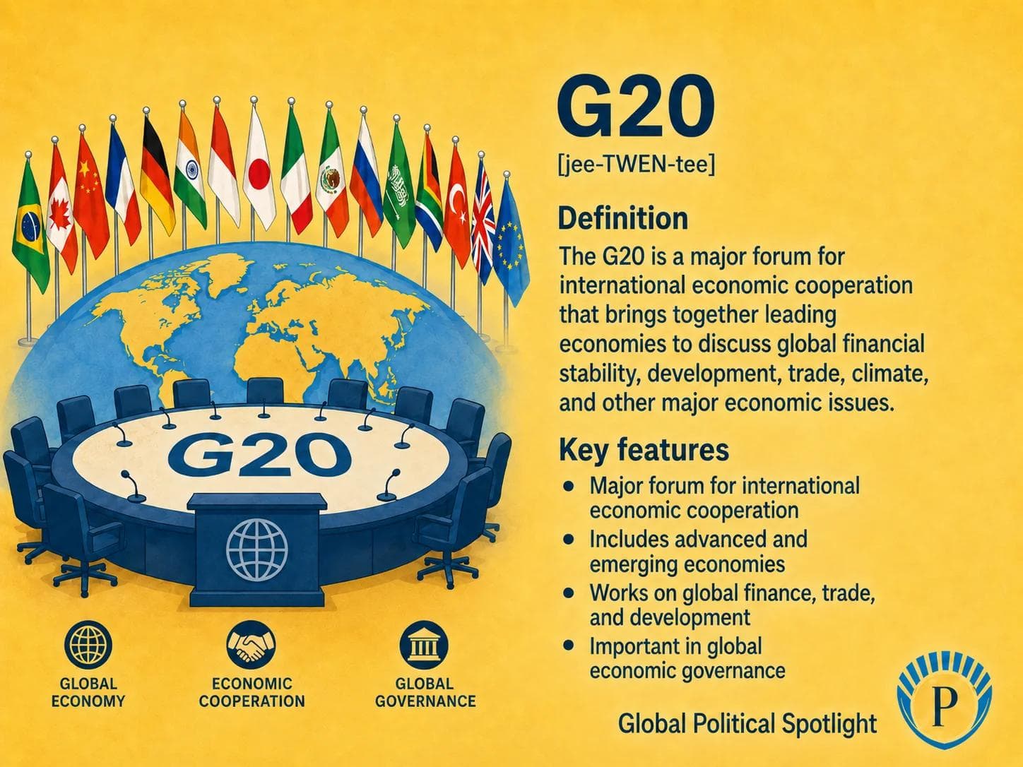 Educational geopolitical infographic explaining the G20 as a forum of major advanced and emerging economies, showing member economies, finance ministers, central banks, economic crisis coordination, debt policy, climate finance, trade, and competing interests between developed and emerging powers.