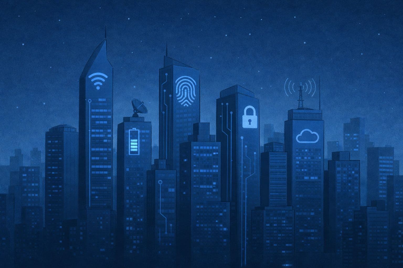 Skyline With Tech Symbols
