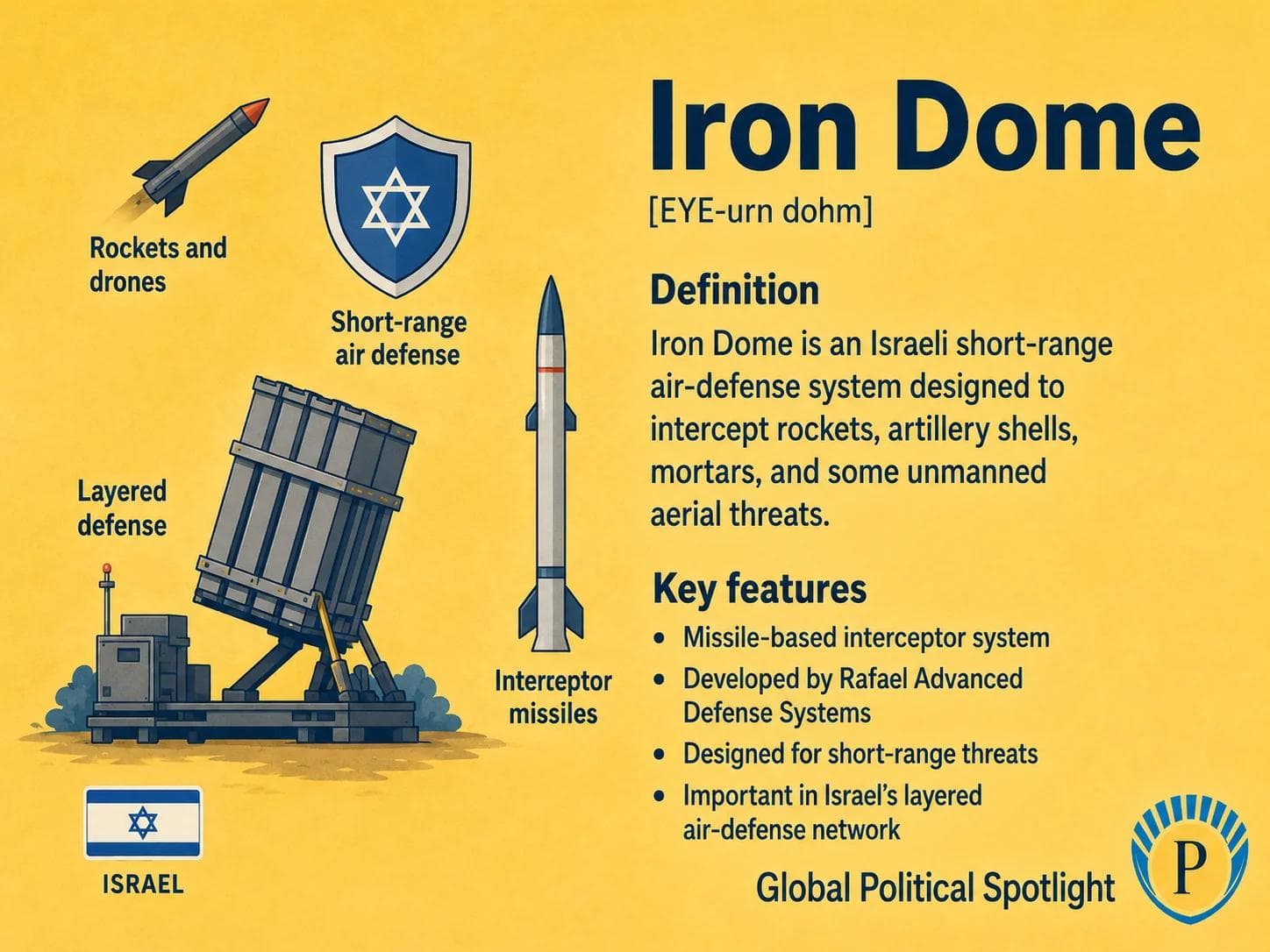 Educational geopolitical infographic showing Israel's Iron Dome short-range air-defense system with radar detection, interceptor missiles, incoming rockets and drones, and layered homeland defense architecture.