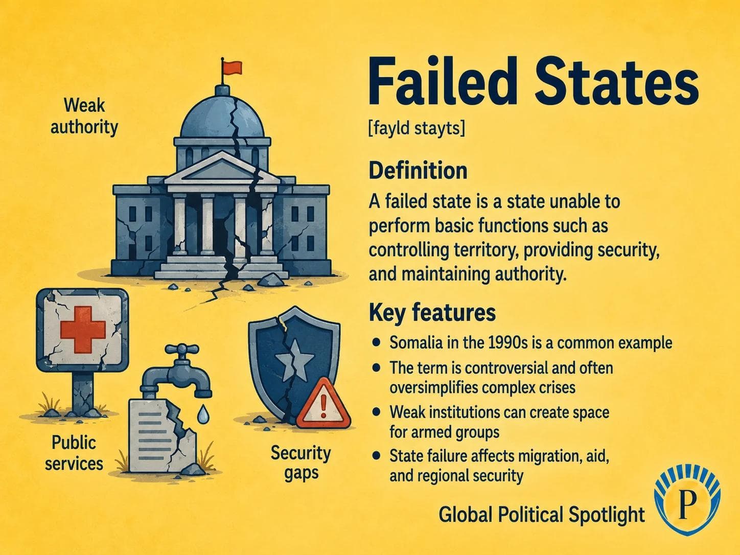 Educational geopolitical infographic explaining failed states, showing weak central authority, fragmented territorial control, security gaps, limited public services, humanitarian needs, and regional spillover risks, with Somalia in the 1990s as a common reference example.