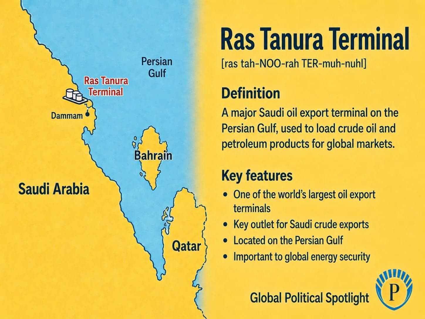 Educational geopolitical infographic showing Ras Tanura Terminal on Saudi Arabia's Persian Gulf coast, with oil storage tanks, tanker berths, crude export flows, nearby Gulf shipping routes, and its importance to global energy security.