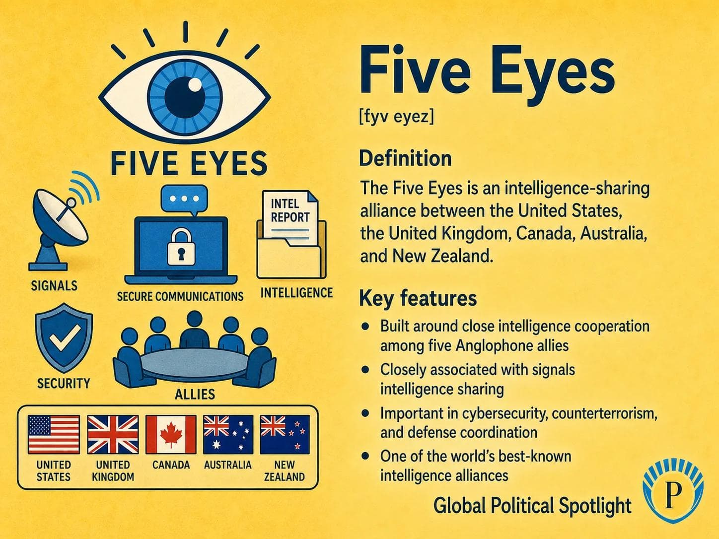 Educational geopolitical infographic explaining the Five Eyes intelligence-sharing partnership among the United States, United Kingdom, Canada, Australia, and New Zealand, with symbols for signals intelligence, allied trust networks, secure data sharing, China and Russia concerns, cyber threats, and privacy debates.