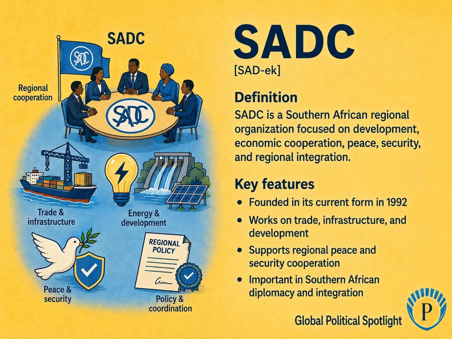 Educational geopolitical infographic showing SADC as a southern African regional organization, with member states, regional integration, South Africa's economic role, peacekeeping, energy corridors, election observation, and development cooperation.