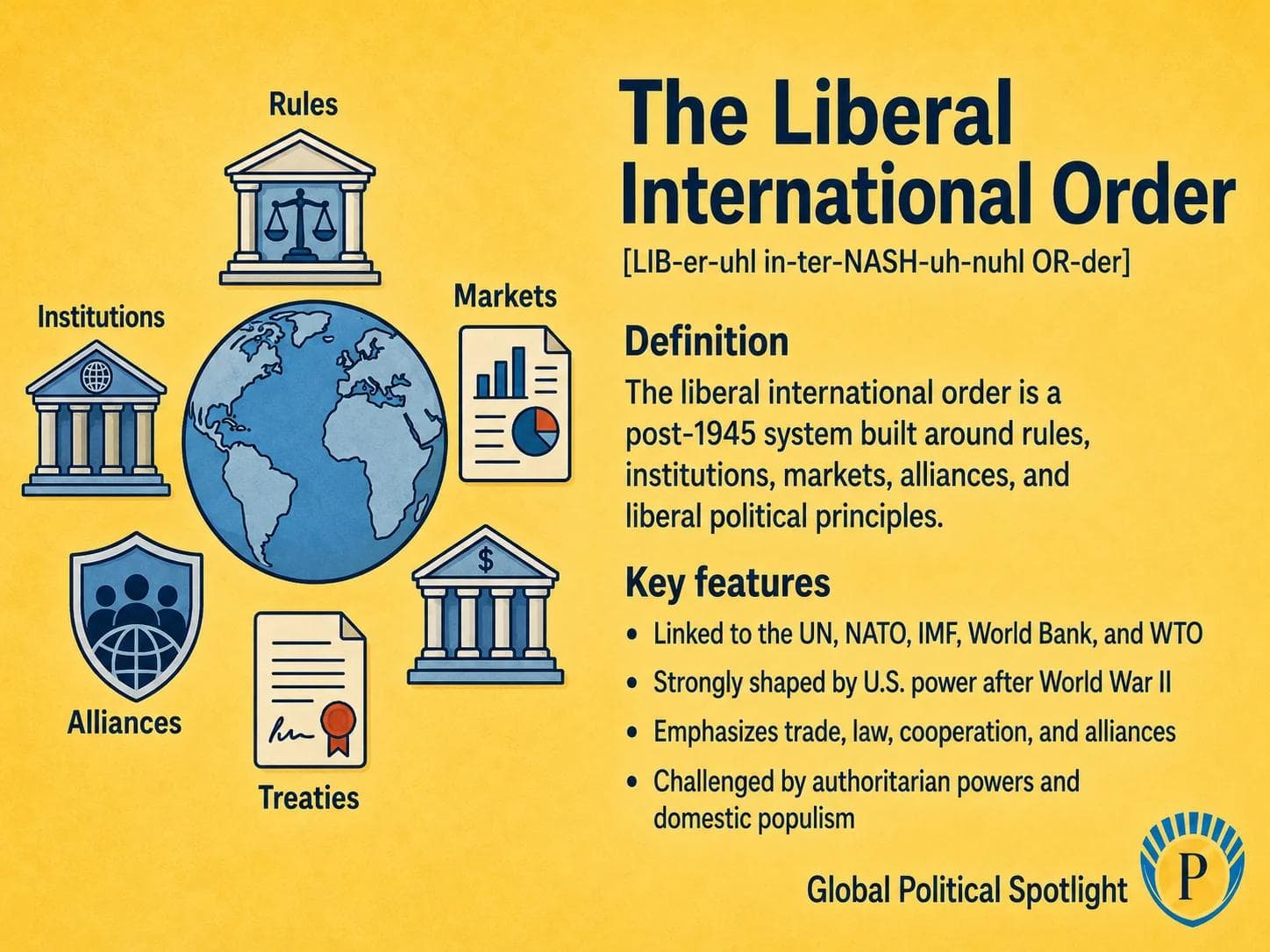 Educational geopolitical infographic explaining the Liberal International Order, showing post-1945 institutions such as the UN, NATO, IMF, World Bank, and WTO, with visual themes of rules, markets, alliances, cooperation, and challenges from authoritarian powers and domestic populism.