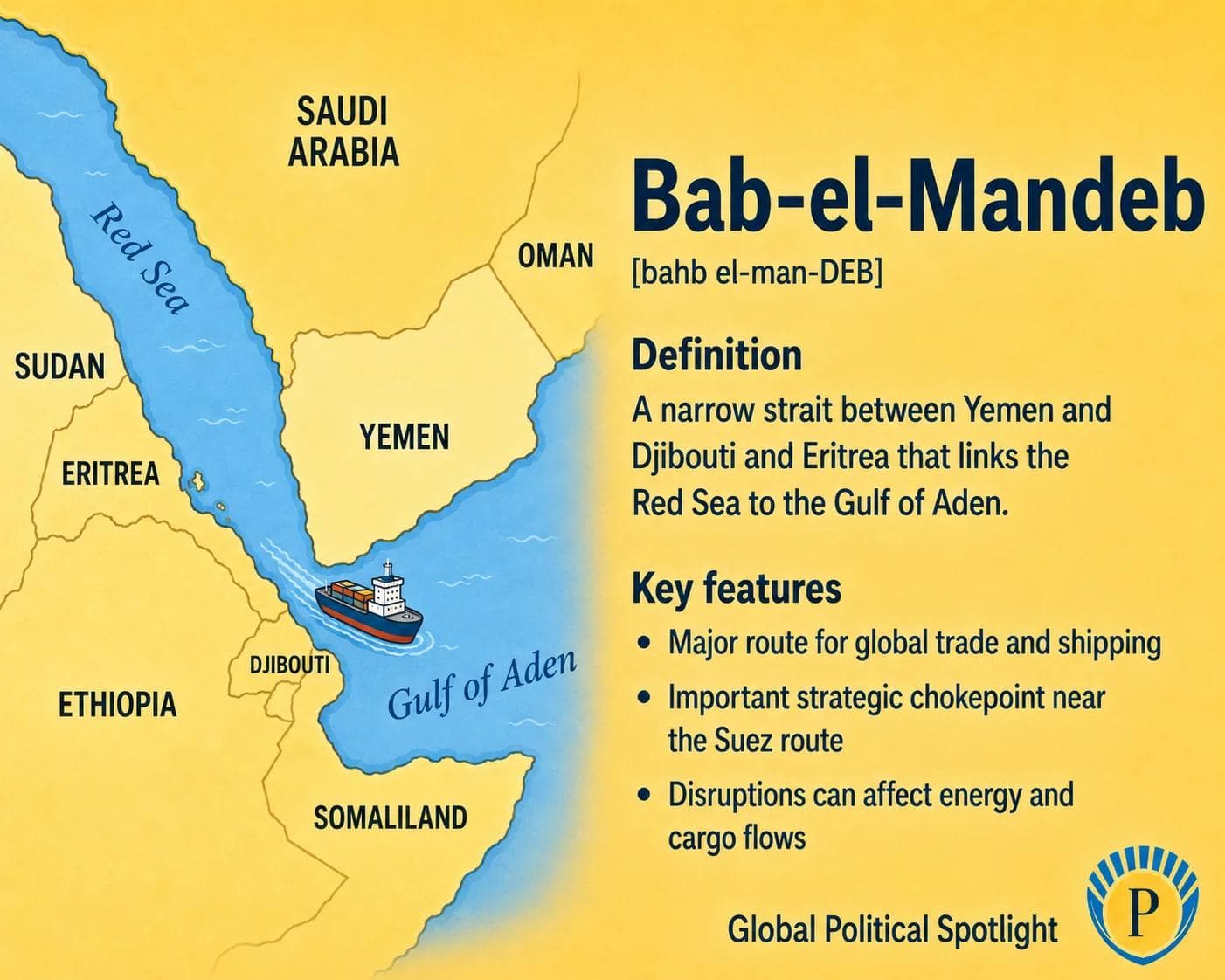 Educational geopolitical infographic showing the Bab-el-Mandeb Strait between Yemen, Djibouti, and Eritrea, connecting the Red Sea to the Gulf of Aden, with shipping routes toward the Suez Canal, Europe, Asia, and the Indian Ocean.