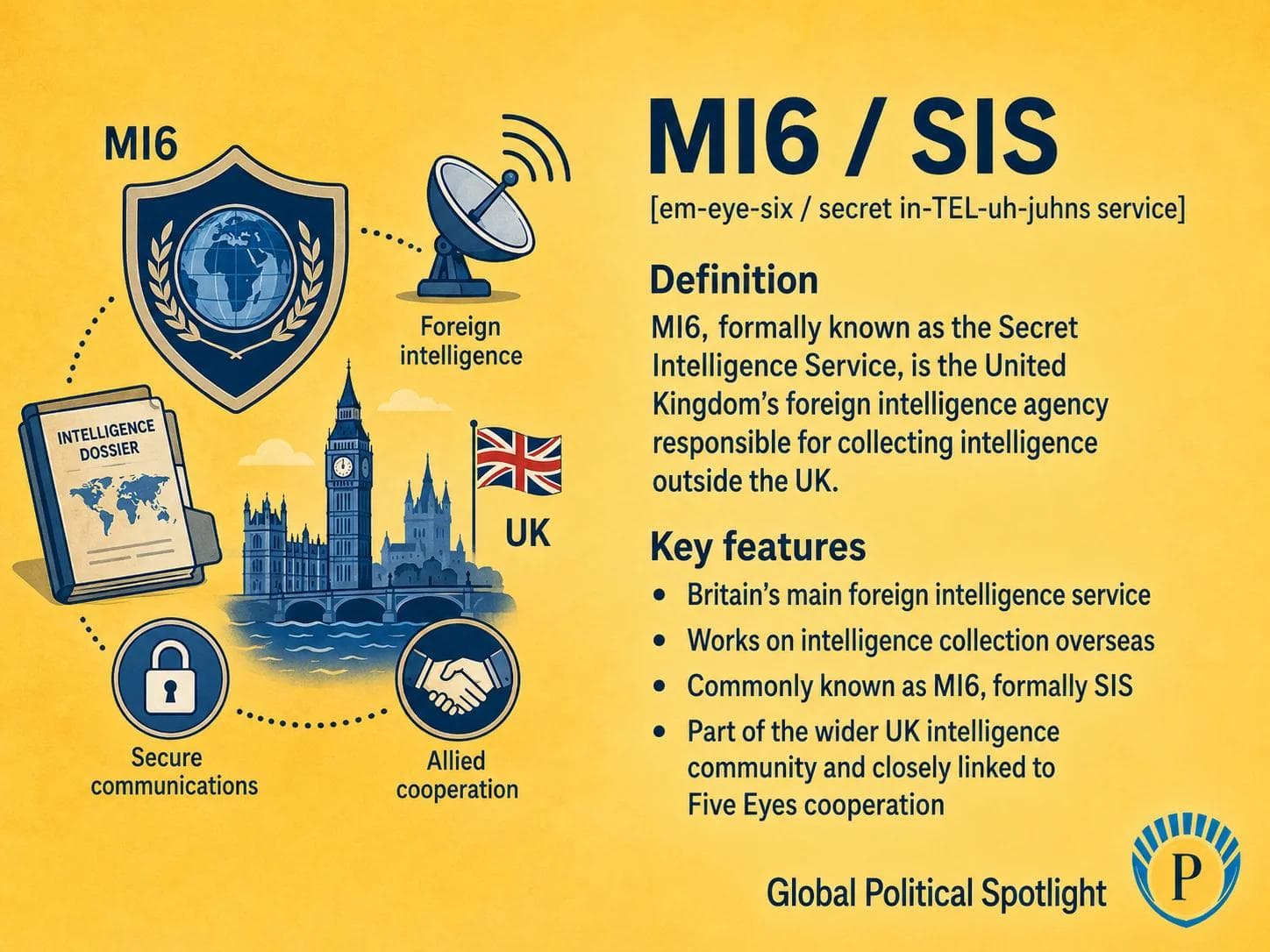Educational geopolitical infographic showing MI6 and SIS as the United Kingdom's overseas human intelligence service, with emphasis on foreign intelligence, HUMINT, national security, counterterrorism, Russia and China concerns, ministerial oversight, and distinction from MI5 and GCHQ.