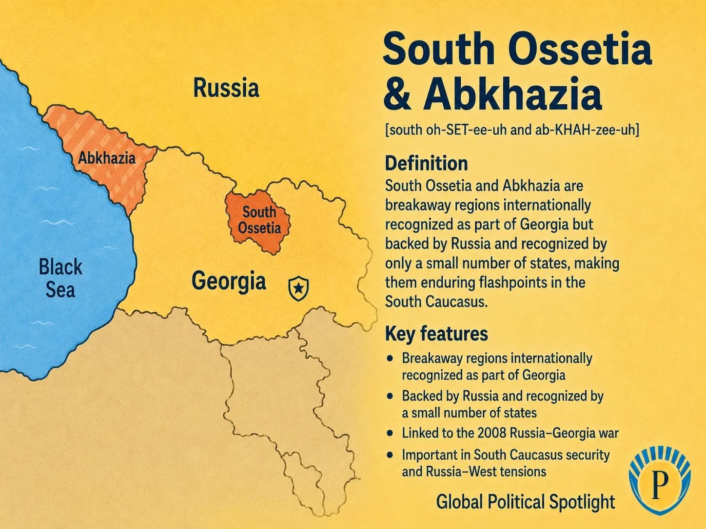 Educational geopolitical infographic showing South Ossetia and Abkhazia within Georgia, with simplified labels for Russian military presence, Georgian sovereignty claims, recognition disputes, borderization lines, Black Sea access, and Caucasus security.