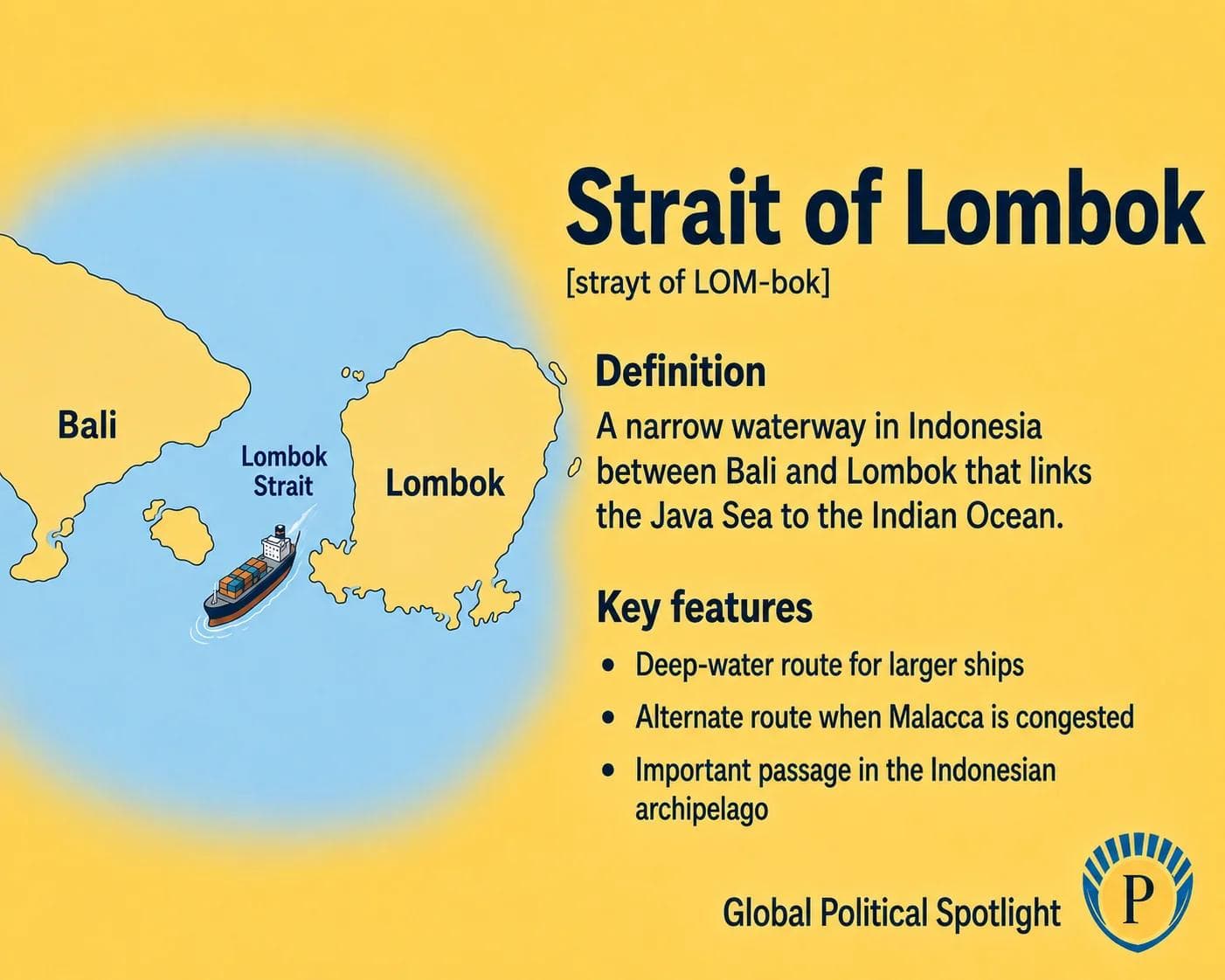 Educational geopolitical infographic showing the Strait of Lombok between Bali and Lombok in Indonesia, with deep-water shipping routes linking the Java Sea area to the Indian Ocean and its role as an alternative maritime passage to the Malacca Strait.