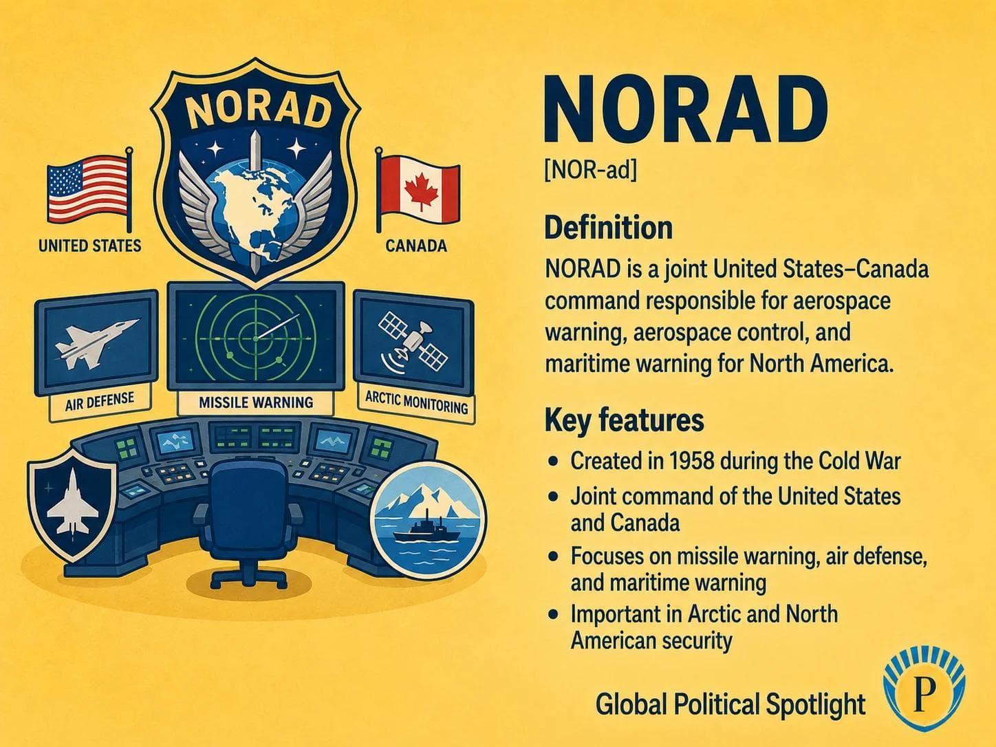 Educational geopolitical infographic showing NORAD as a U.S.-Canada binational aerospace defense command, with radar coverage, Arctic approaches, missile warning, air defense aircraft, airspace monitoring, and North American homeland security.