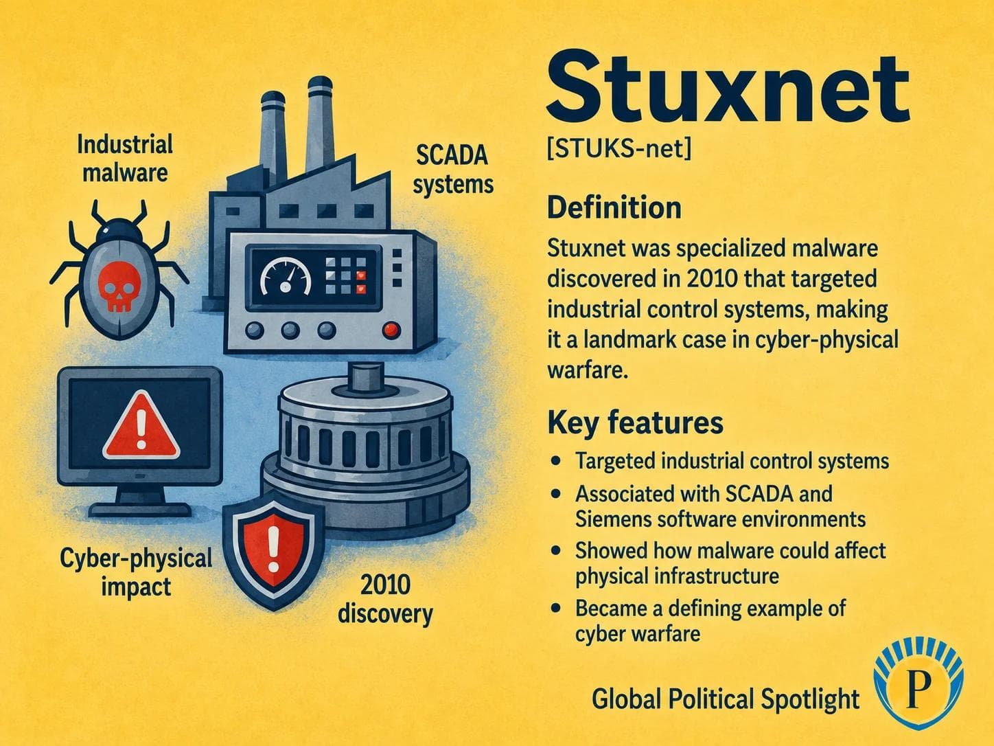 Educational geopolitical infographic showing Stuxnet as industrial malware moving from a computer network into SCADA control systems, centrifuge-like machinery, warning symbols, code fragments, and cyber-physical infrastructure effects.