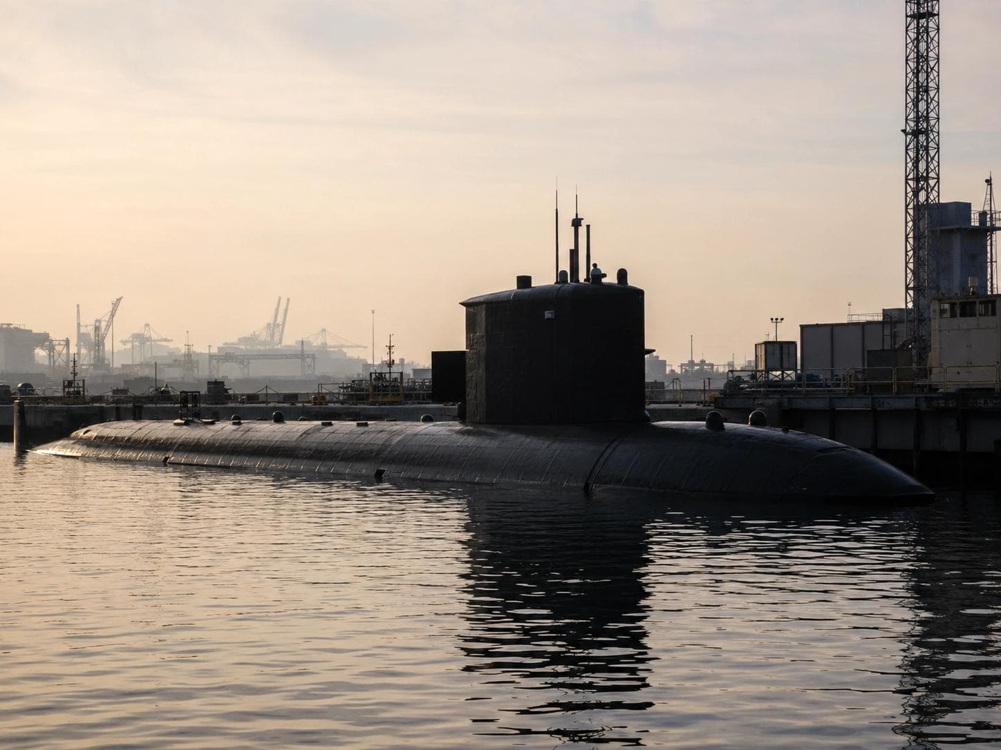 Dark military submarine moored at a naval port with cranes silhouetted at sunset