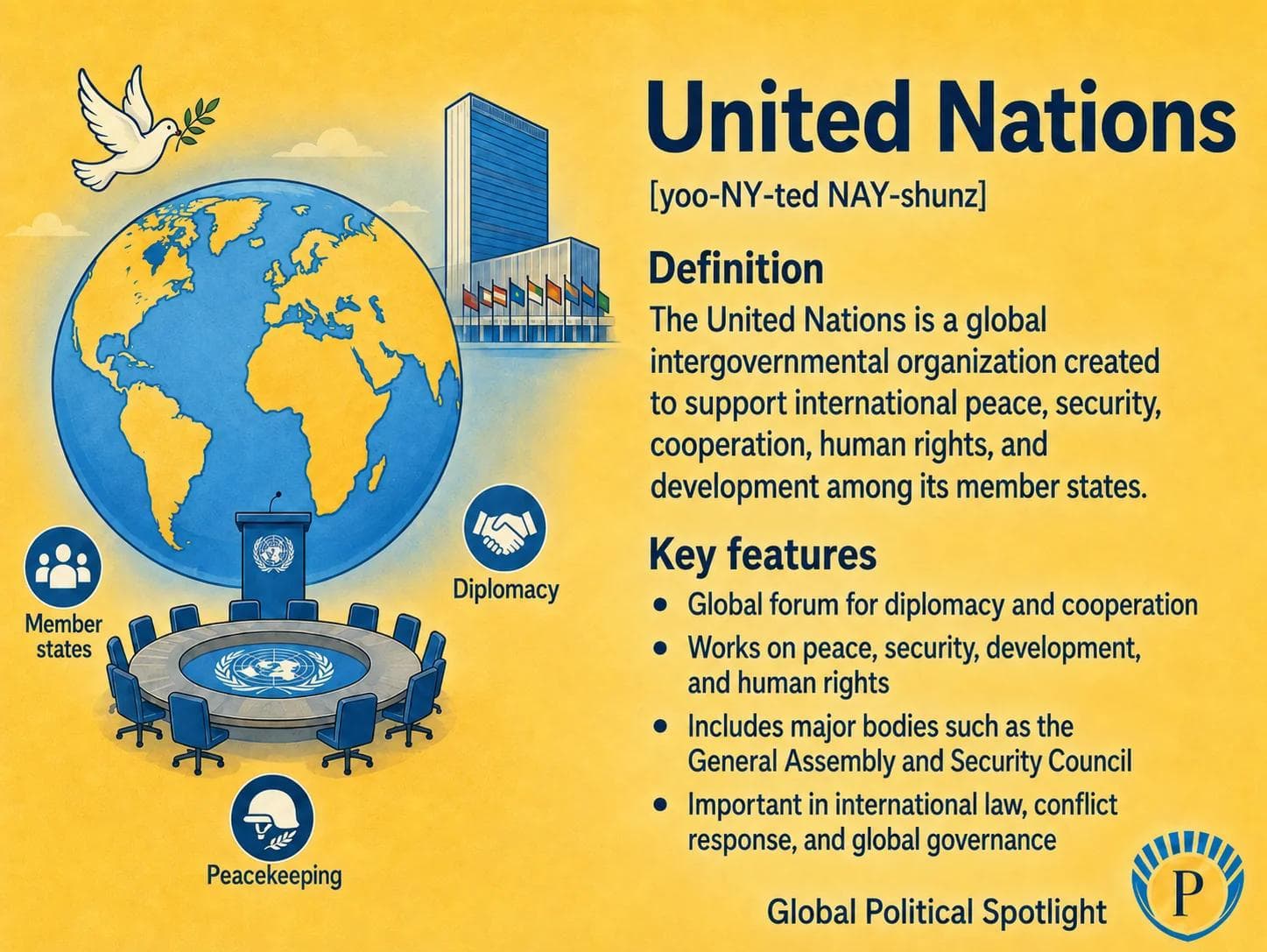 Educational geopolitical infographic showing the United Nations as the main global intergovernmental organization, with simplified labels for the Security Council, General Assembly, veto power, peacekeeping, UN agencies, humanitarian coordination, multilateral legitimacy, and institutional limits.