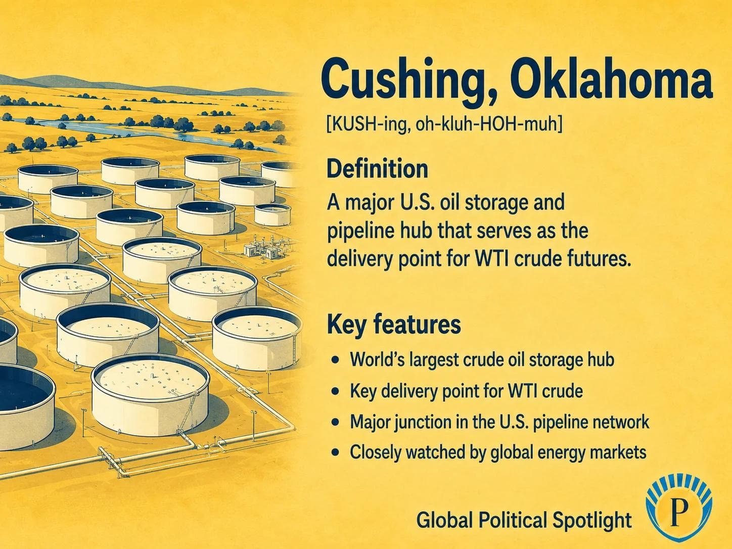 Educational geopolitical infographic showing Cushing, Oklahoma as a major crude oil storage and pipeline hub in the United States, with oil tanks, pipeline junctions, WTI crude futures, inventory levels, and global energy market pricing themes.