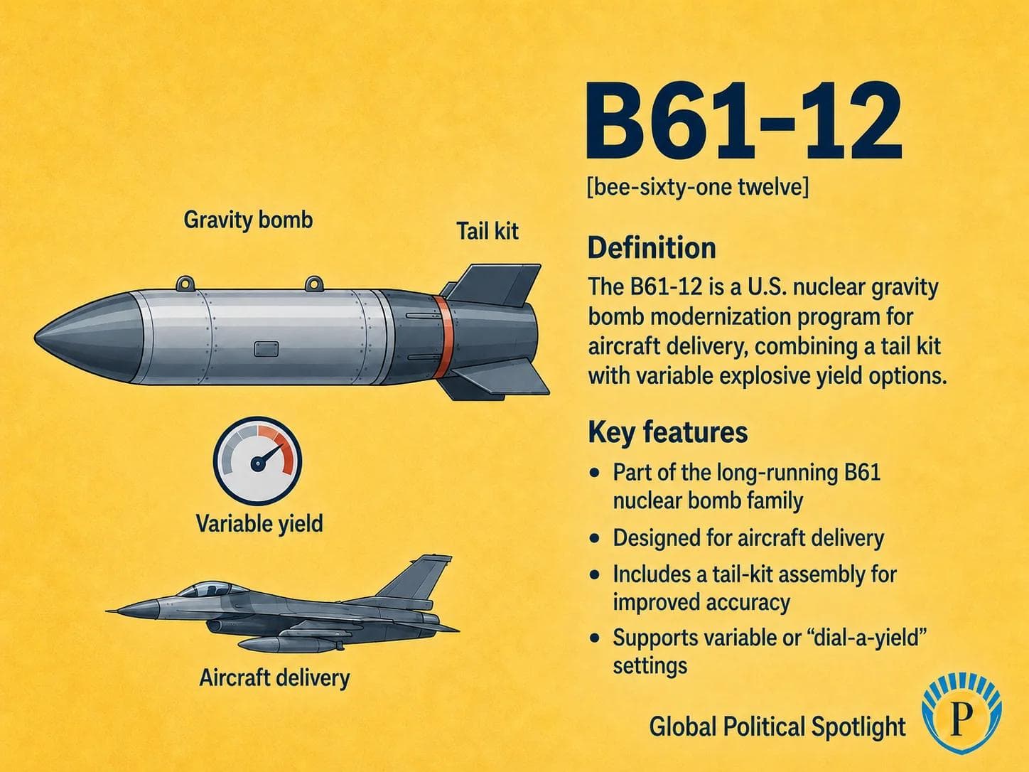 Educational geopolitical infographic showing a B61-12 nuclear gravity bomb released from a dual-capable aircraft, with simplified callouts for aircraft delivery, tail-kit guidance, variable yield, NATO nuclear sharing, and deterrence.